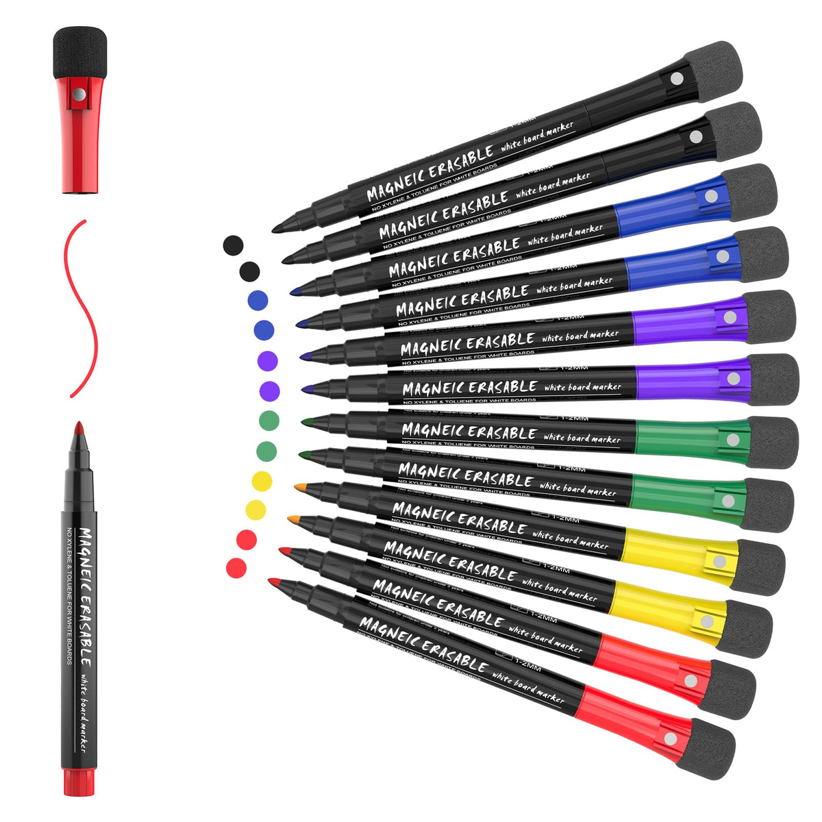 Magnetic Dry Erase Markers Fine: 12 Colors Erasable Whiteboard Markers Fine Point with Eraser Cap, Low Odor White Board Dry Erase Pens Fine Tip for Kids & Teachers, Home, Office and School Supplies