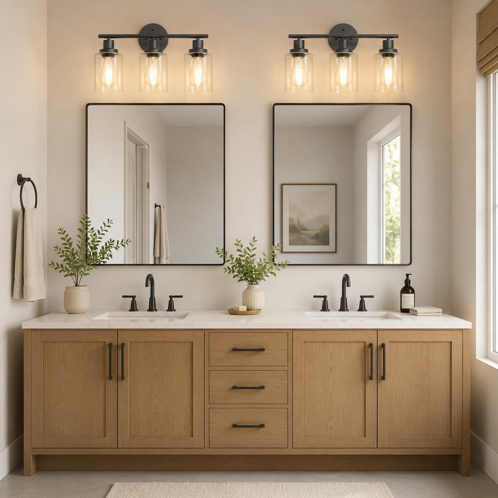 Unicozin 2 Pack Modern Bathroom Light Fixtures, 3 Light Vanity Lights, Black Wall Lamp with Clear Glass for Bathroom, Mirror, Living Room, Bedroom, Hallway, E26 Base