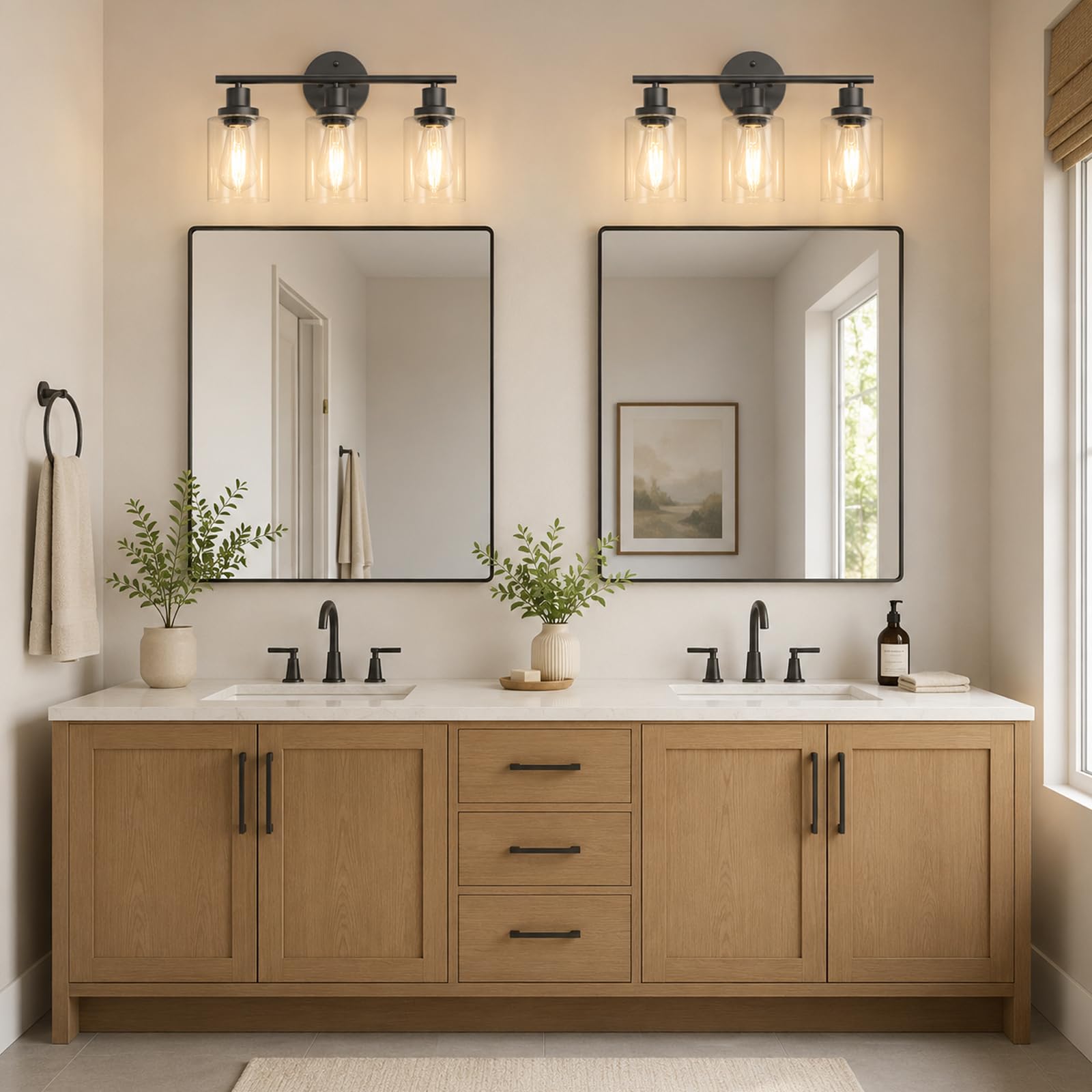 Unicozin 2 Pack Modern Bathroom Light Fixtures, 3 Light Vanity Lights, Black Wall Lamp with Clear Glass for Bathroom, Mirror, Living Room, Bedroom, Hallway, E26 Base