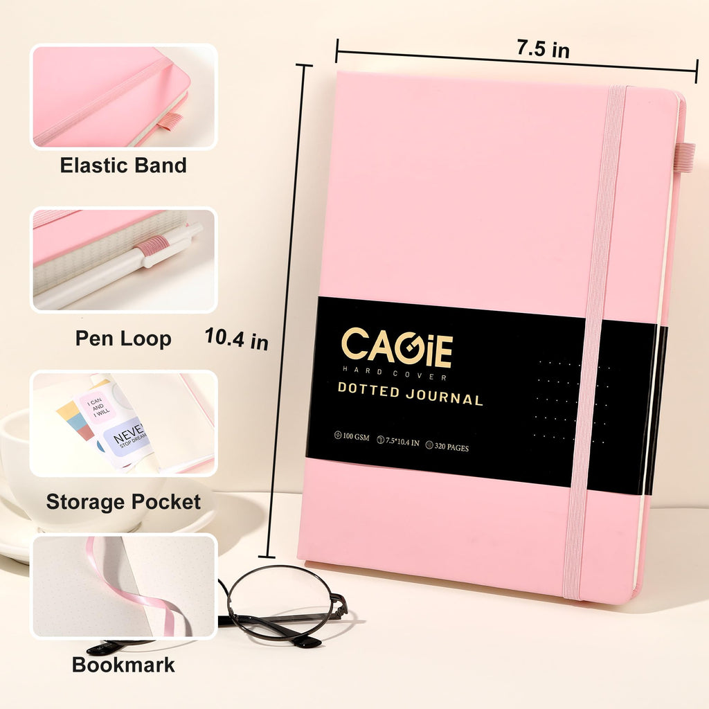 CAGIE Bullet Dotted Journal Notebook 320 Pages 100 GSM Paper Hardcover A5 Dot Grid Notebook Leather Journals for Writing Women Men Work Journaling, Black