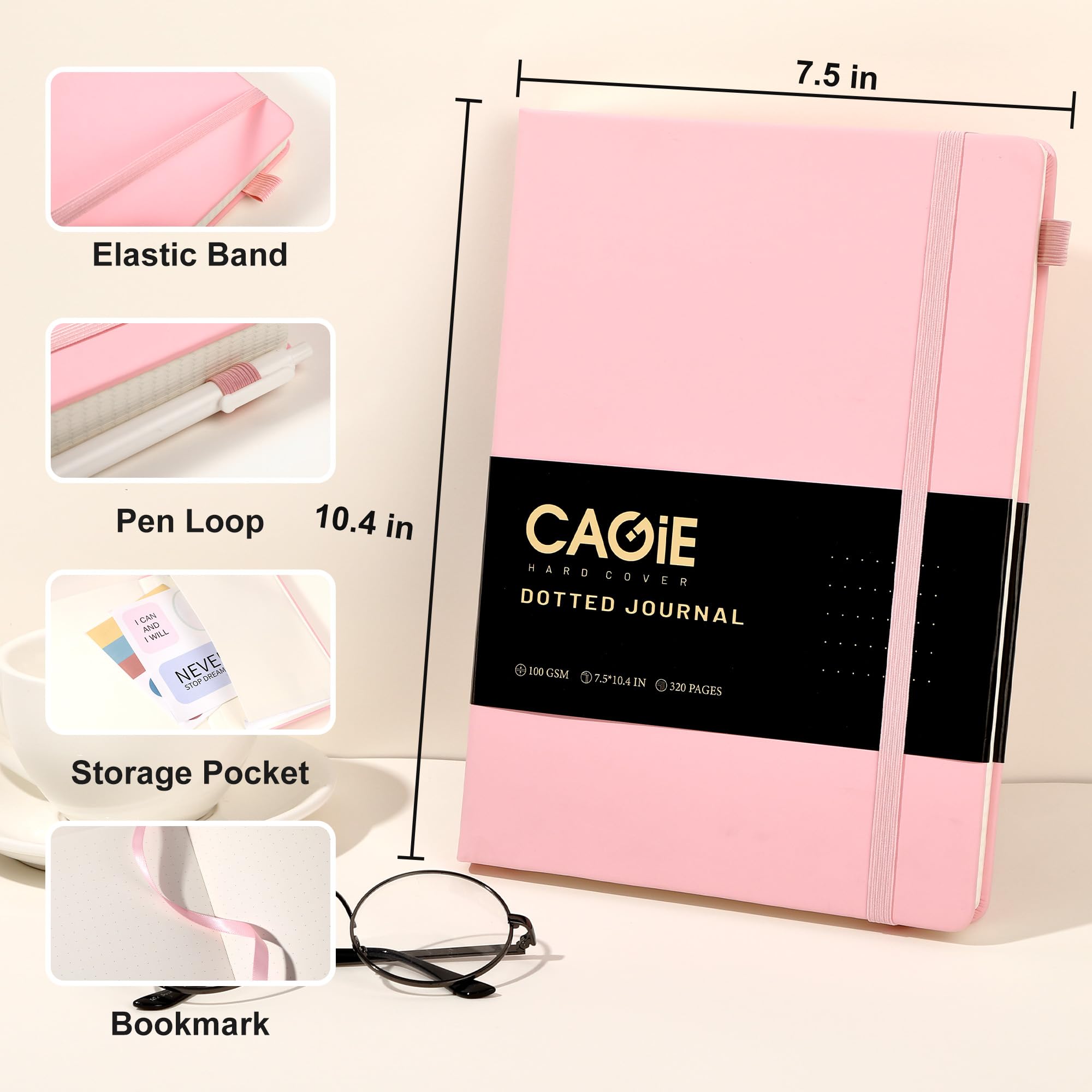 CAGIE Bullet Dotted Journal Notebook 320 Pages 100 GSM Paper Hardcover A5 Dot Grid Notebook Leather Journals for Writing Women Men Work Journaling, Black