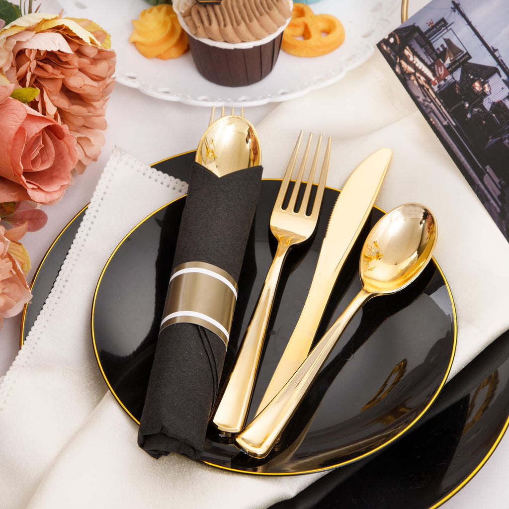 Supernal 60 Pack Pre Rolled Gold Plastic Silverware with Black Napkins - Heavy Duty Pre Wrapped Gold Cutlery Set Disposable - Elegant Plastic Forks, Spoons & Knives for Weddings, Parties, Catering