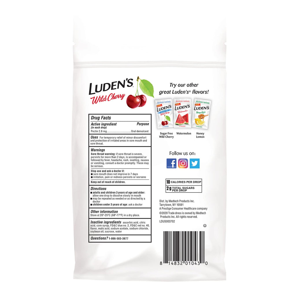 Luden's Sugar Free Wild Cherry Throat Drops, Sore Throat Relief, 25 Count (12 Pack)