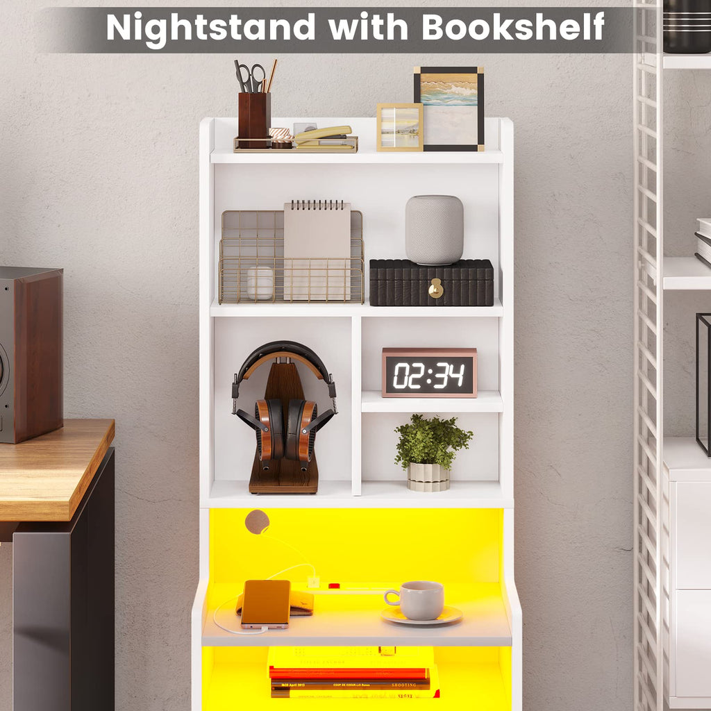 BTHFST Tall Nightstand with LED Lights and Charging Station, LED Black Nightstand with Shelves and 2 Drawers, Bedside Table with Bookshelf, Tall Side End Table with Storage