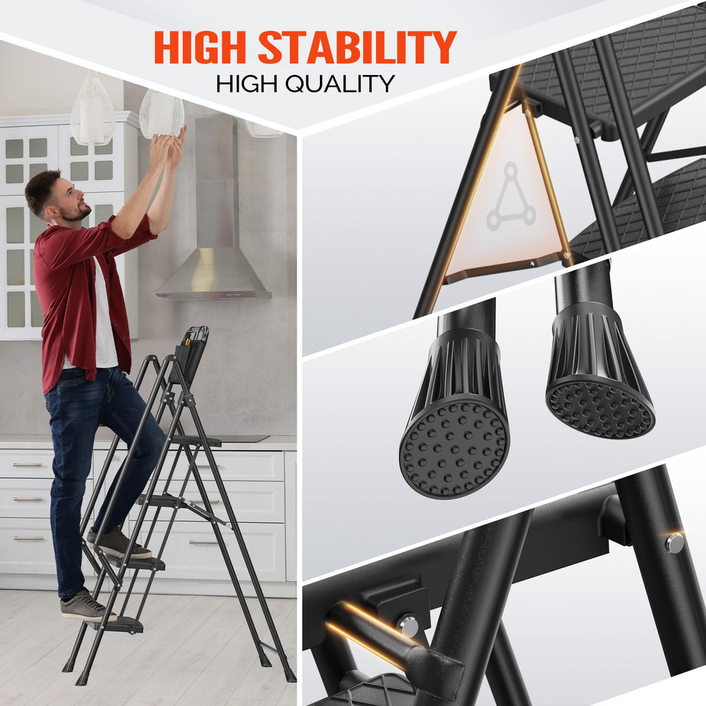 LUISLADDERS 3 Step Ladder with Handrails, Folding Step Stool with Widened Anti-Slip Pedal, 500lbs Lightweight Step Ladder 3 Step Folding, Multi-use for Home Kitchen Pantry Office, Black