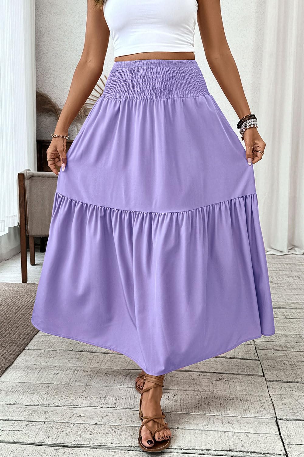 Women's Smocked High Waist Maxi Skirt Casual Boho Long Skirts with Pockets