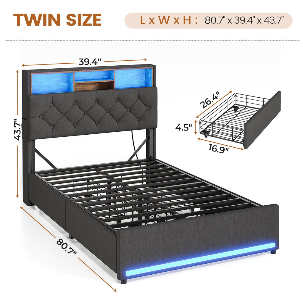 BTHFST Twin Bed Frames with Headboard & 4 Drawers, LED Bed Frame Twin with Charging Station, Upholstered and Metal Twin Bed with Storage, No Box Spring Needed, Black PU
