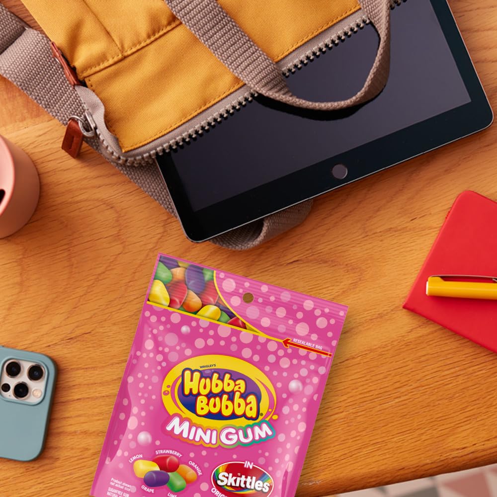 HUBBA BUBBA Minis SKITTLES Flavored Sugar Free Gum, Bubble Gum Packs, Candy Bulk, Resealable Bulk Bag