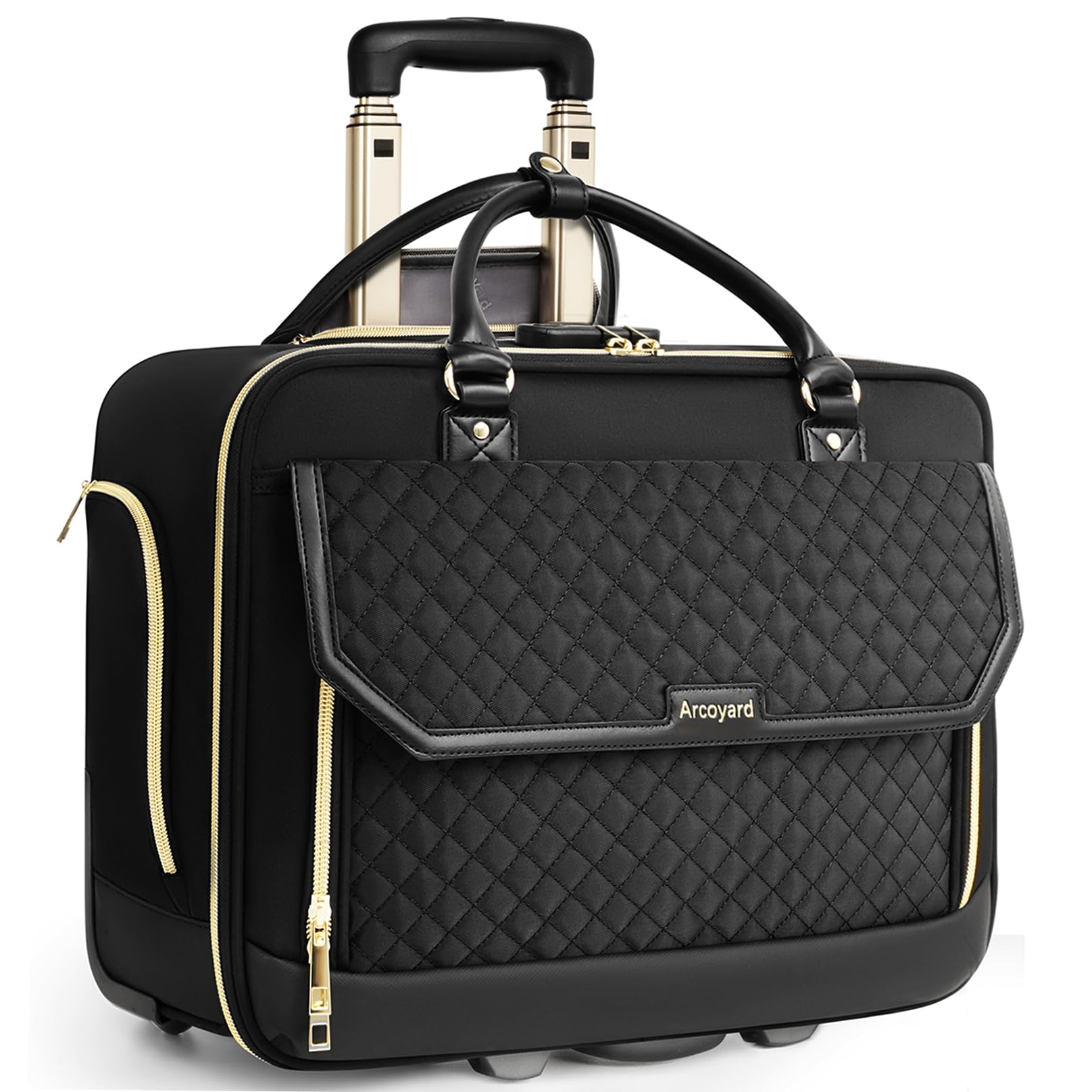Rolling Laptop Bag for Women with 4 Spinner Wheels, 17 Inch Rolling Briefcase for Women with Lock, Waterproof Rolling Computer Bag with 11 Pockets & Padded Laptop Sleeve for Work Travel, Black