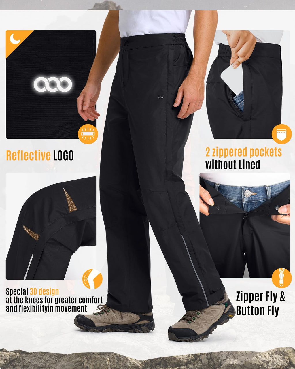 33,000ft Men's Rain Pants Full Zip Waterproof Pants Breathable Rain Over Trousers for Outdoor Hiking Golf Work