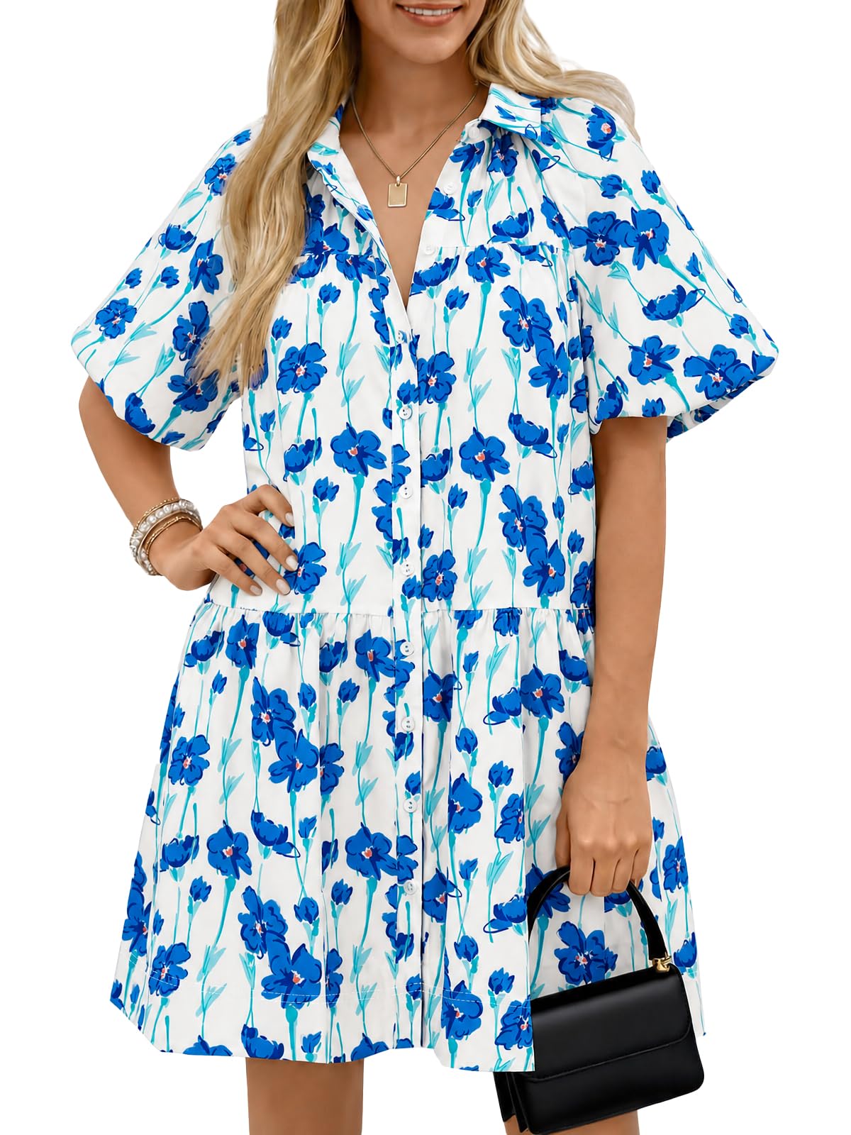 Wenrine Women's Summer Button Down Shirt Dress Floral Puff Short Sleeve Casual Loose Fit Beach Mini Dresses