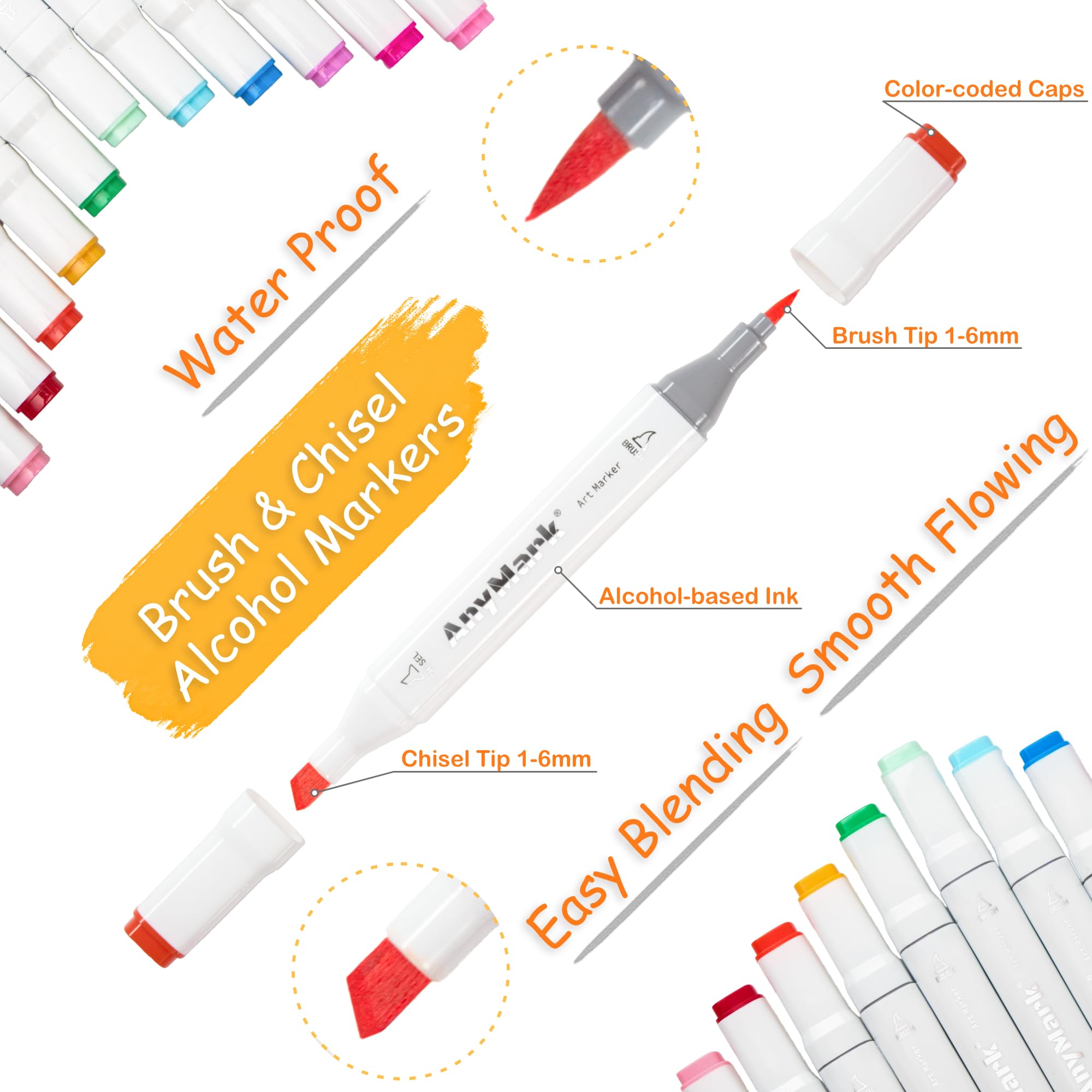 AnyMark Alcohol Markers Brush Tip, 60+1 Colors Dual Tip Brush & Chisel Alcohol-Based Art Markers Set with Case for Adult Artists Drawing Coloring