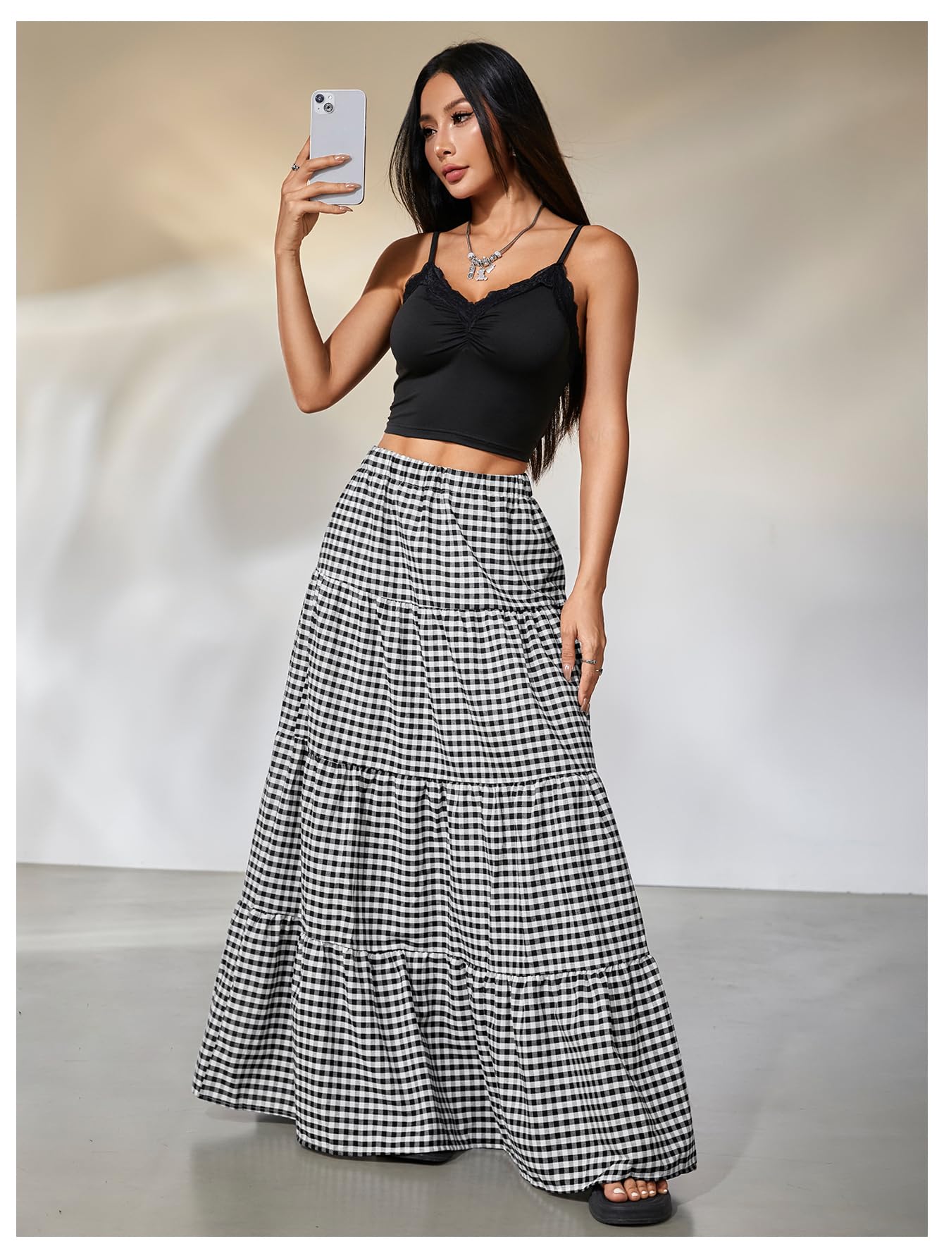 MakeMeChic Women's Plaid Maxi Skirts A Line Ruffle Tiered Layer Y2K Flowy Casual Long Skirts