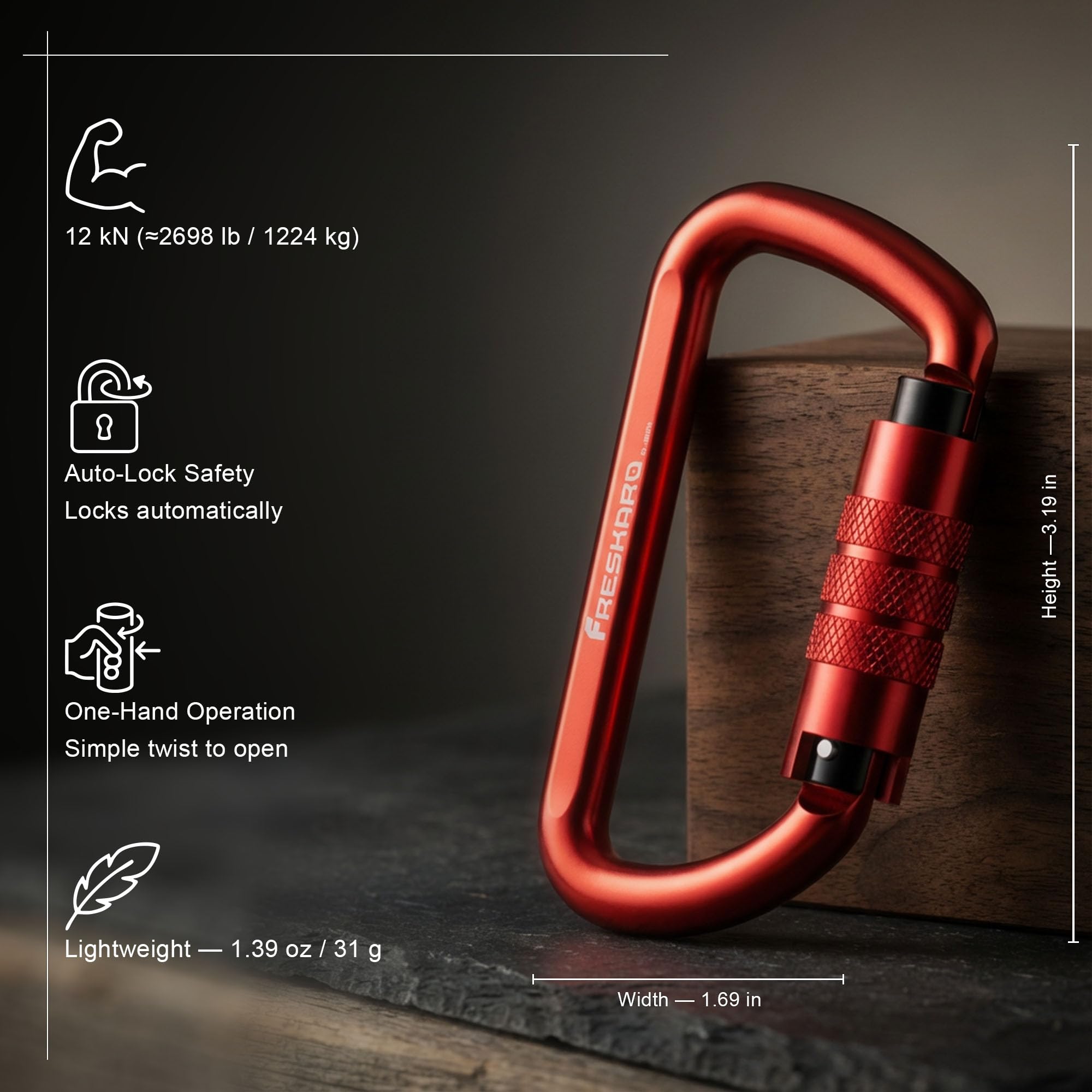 FresKaro 3inch 12kN-2698lbs Auto Locking Carabiner Clips, Solid D Shape, Heavy Duty 7075 Aluminum, Lightweight 1.09oz, Rust Proof, for Hammock, Hiking, Dog Leash, Keychain etc., Multi-Colors
