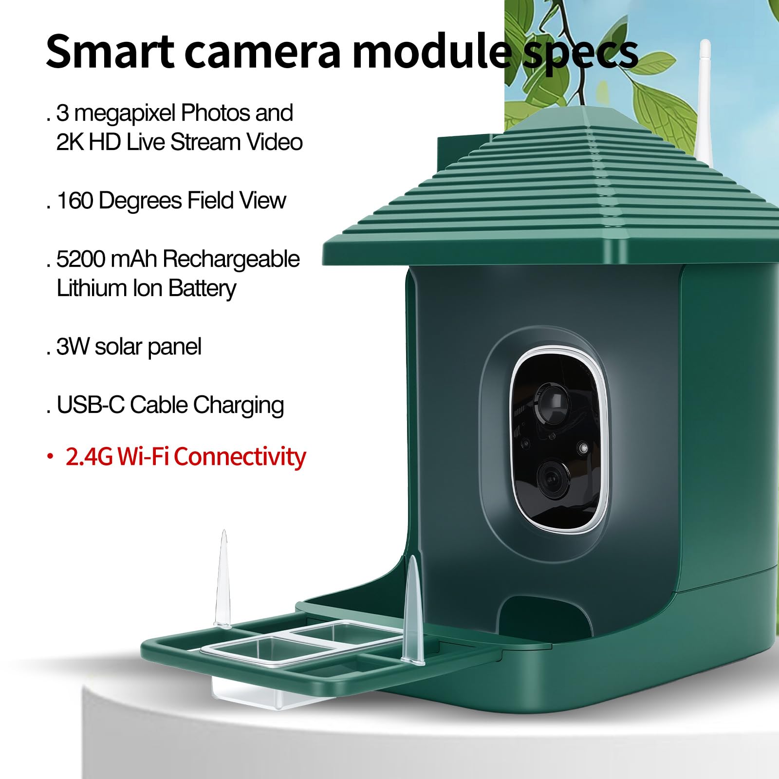 Smart Bird Feeder with Camera,AI Identify Species,Bird House with Solar Powered,Instant Arrival Alerts,2K Capture Video,Live View for Lover (Blackish Green)