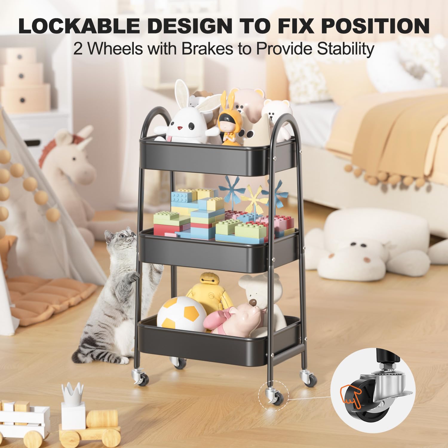 EAGMAK 3 Tier Rolling Cart, Large Metal Storage Cart with Handle and Lockable Wheels, Big Multifunctional Storage Organizer Trolley with Mesh Baskets for Kitchen, Living Room, Office, Garage (Beige)