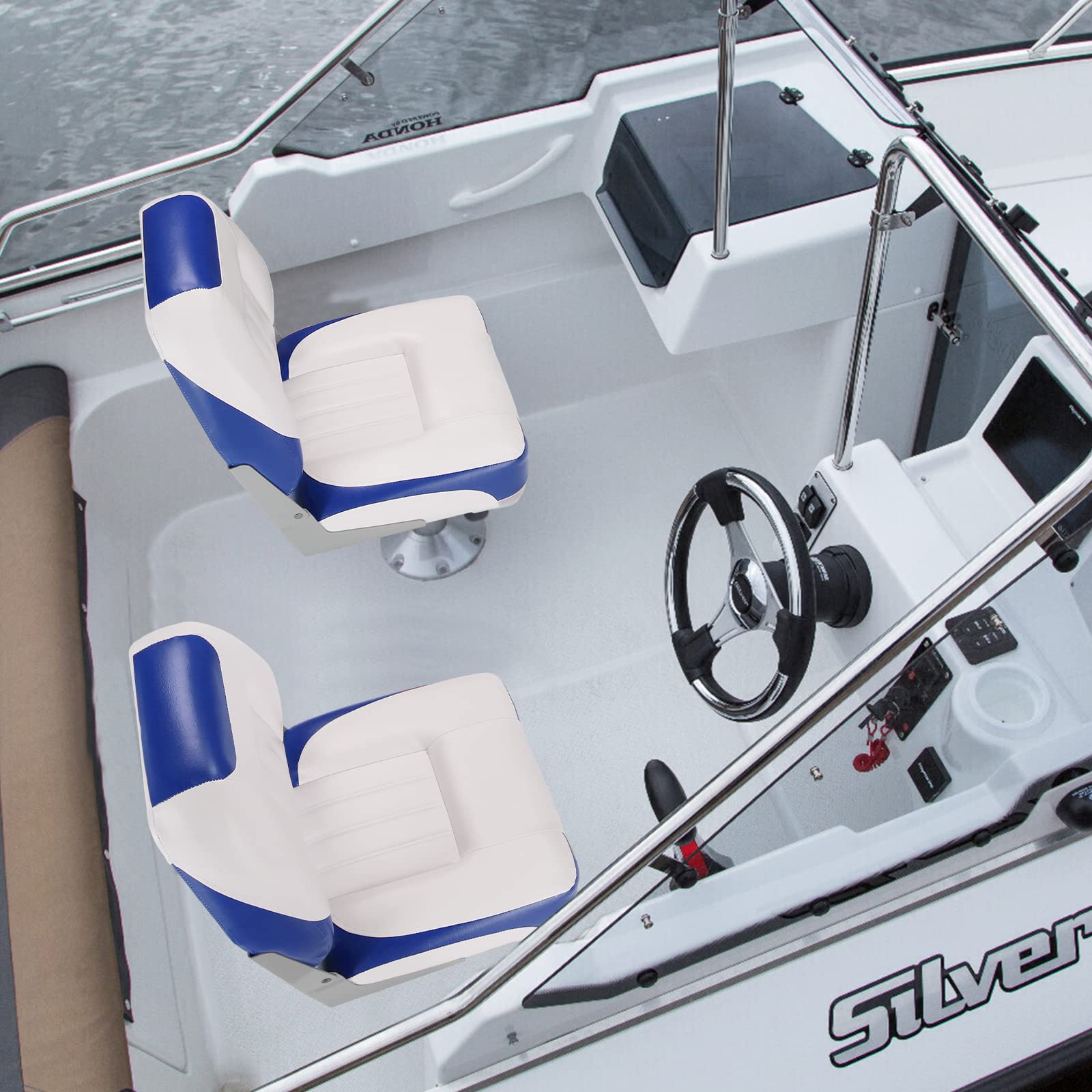 PEXMOR Boat Seats, Low/High Back, Folding, Waterproof, Captain Seat, 2 Packs (High Back-Blue & White)