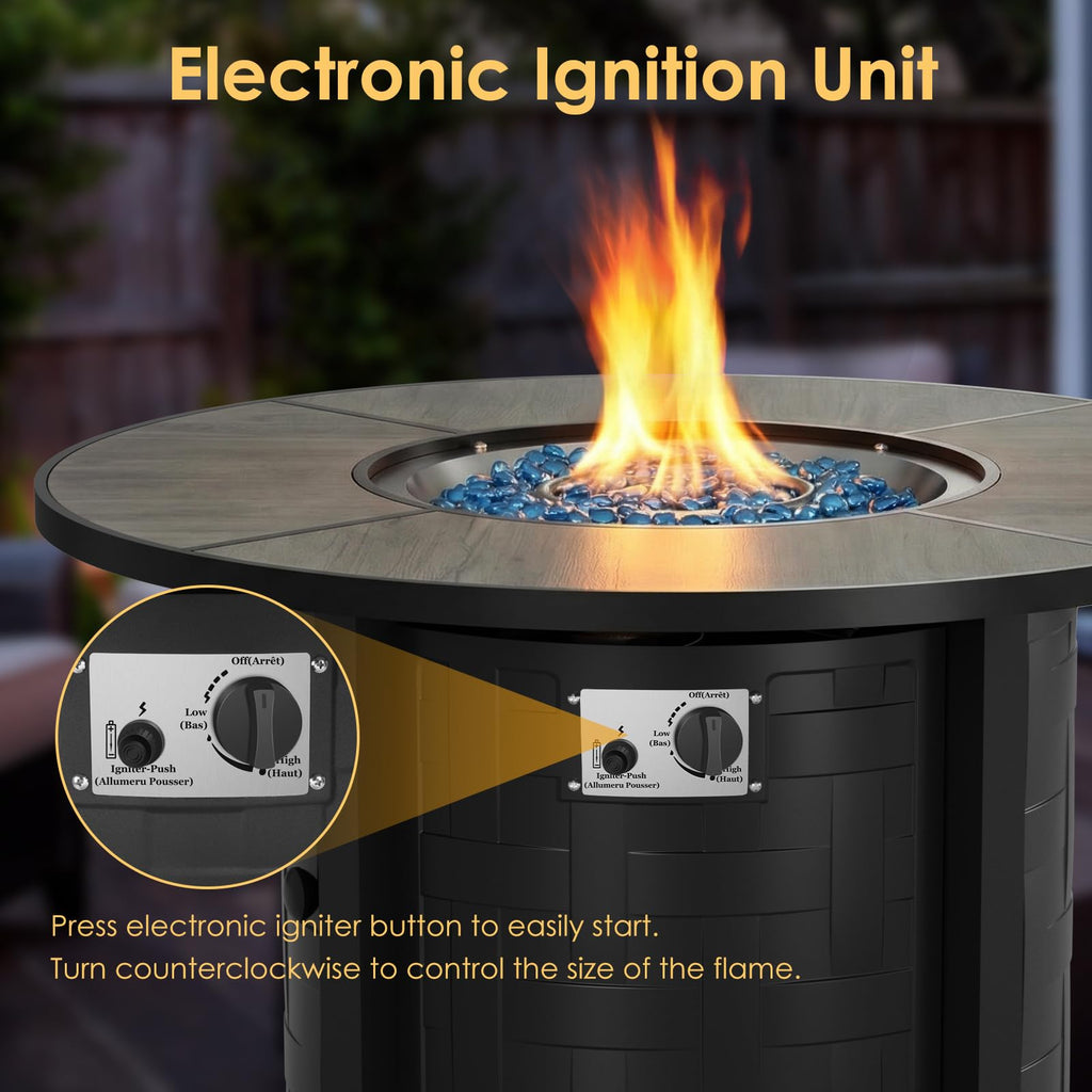 TLGREEN Propane Fire Pit Table 30 Inch Round – 50,000 BTU Outdoor Fire Pit with Lid, Converts to Patio Coffee Table, Certified, Includes Waterproof Cover & Blue Fire Glass(Grey)