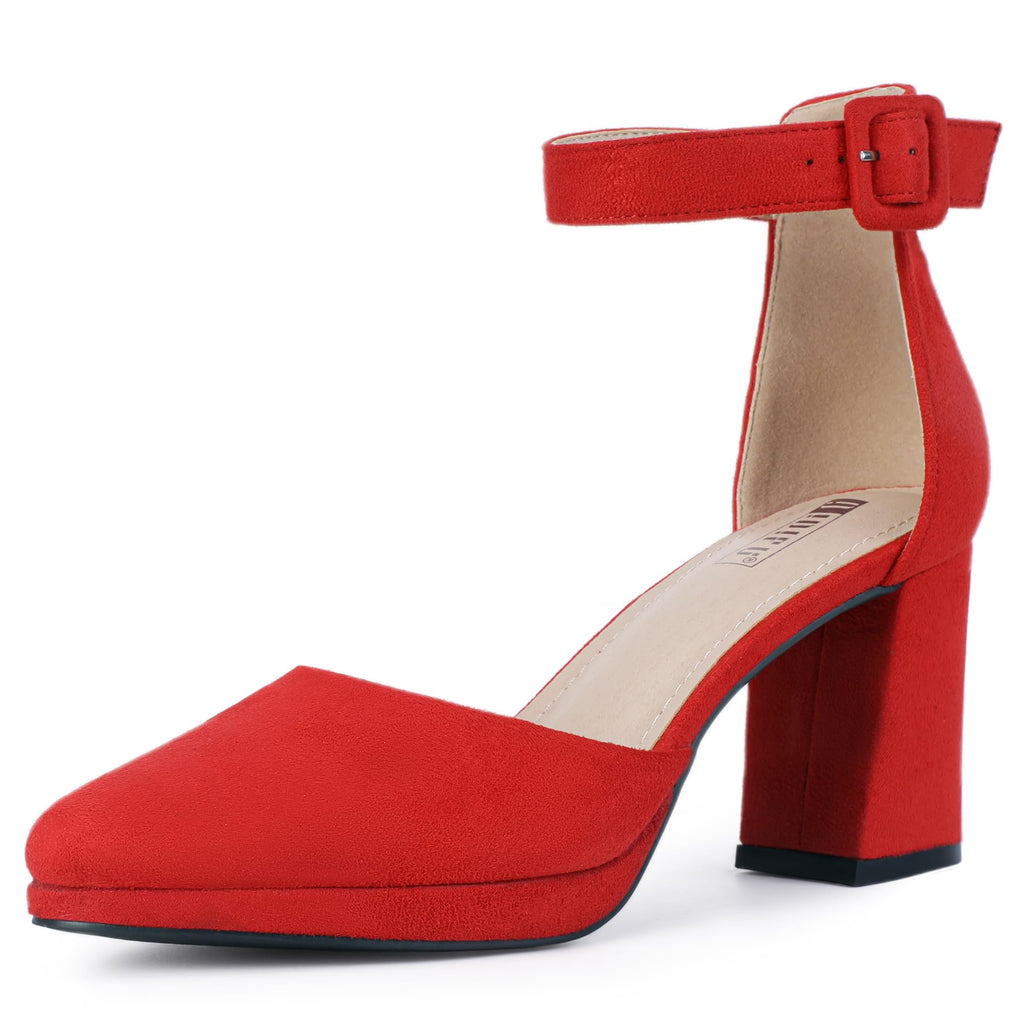 IDIFU IN3 Womens Closed Toe Heels Chunky Block Platform Pumps Pointed Toe Ankle Strap Dress Shoes for Women Comfortable Wedding Short Low Pumps Shoes