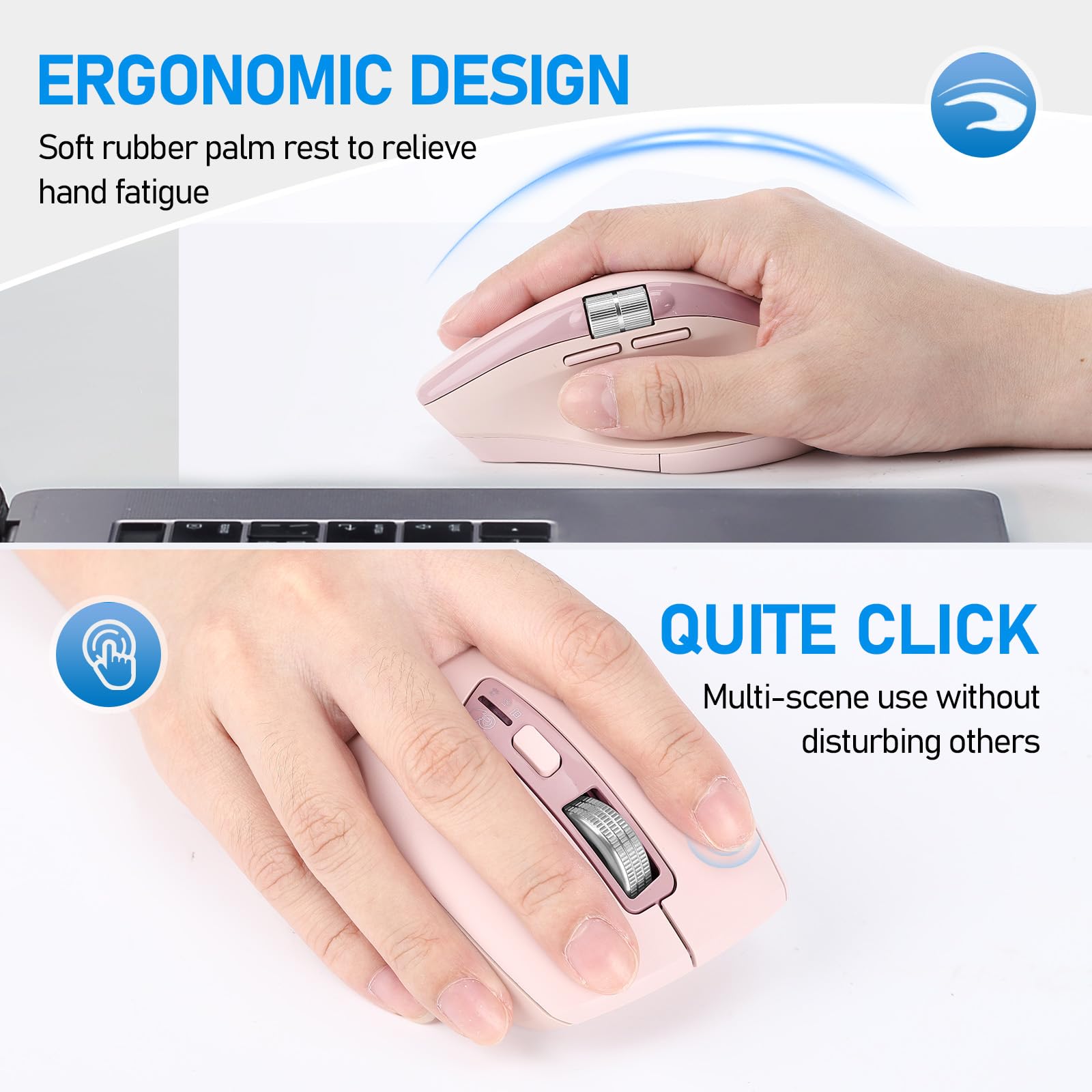 INFINMIND Wireless Bluetooth Side Scroll Mouse with Multi-Device, Ergonomic Computer Mice with Smart Flying Scroll, Quiet Click 4-Level DPI for Computer, Laptop, iPad, Tablet, MacBook (Black)