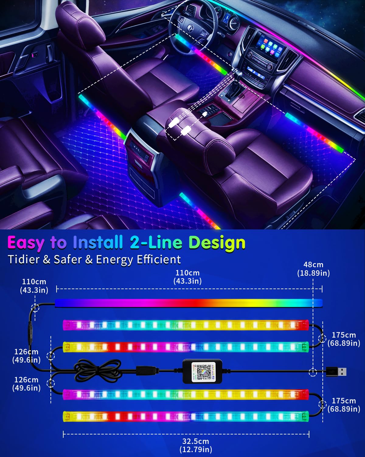 RGB Interior Car Strip Lights with Smart APP Control, Music Sync Under Dash Footwell Neon Internal Lighting Kit 2 Lines Design,12V LED Strip Lights for Cars, Trucks, SUVs with Car Charger(1 Set)