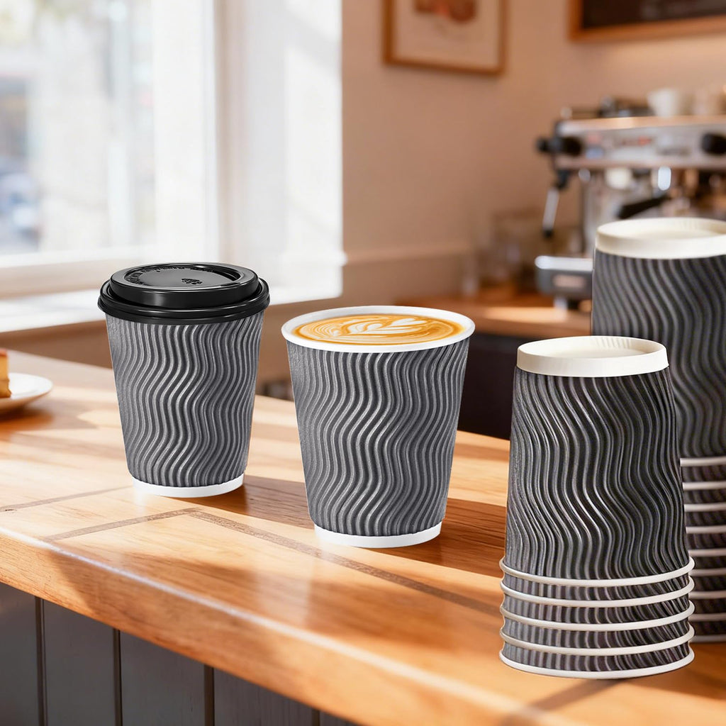BYSNOW 100 Pack 10 oz Coffee Cups with Lids, Disposable Insulated Hot Cups To Go Paper Coffee Cups, Corrugated Ripple Wall Cup for Hot Drink, Office, Coffee Bar (Grey 10 oz)