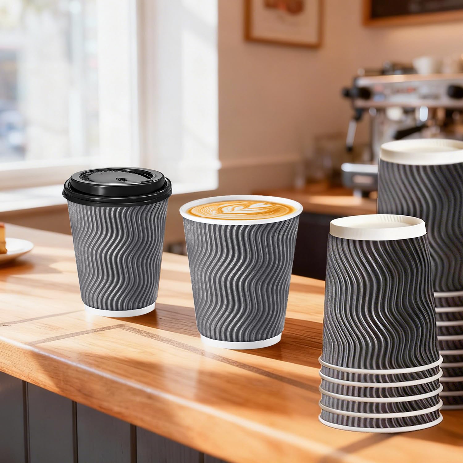 BYSNOW 100 Pack 10 oz Coffee Cups with Lids, Disposable Insulated Hot Cups To Go Paper Coffee Cups, Corrugated Ripple Wall Cup for Hot Drink, Office, Coffee Bar (Grey 10 oz)