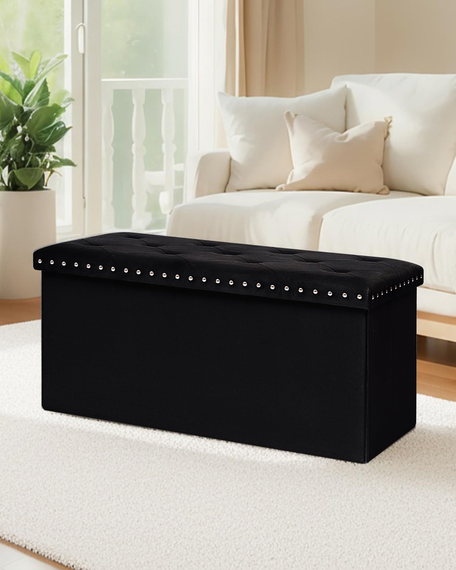 B FSOBEIIALEO Storage-Ottoman Cube-Folding Tufted - Ottomans with Storage, Coffee Table Top Cover, Storage Boxes Footrest Stool for Bedroom, Luxury Velvet Fabric 15.7 Inches Black