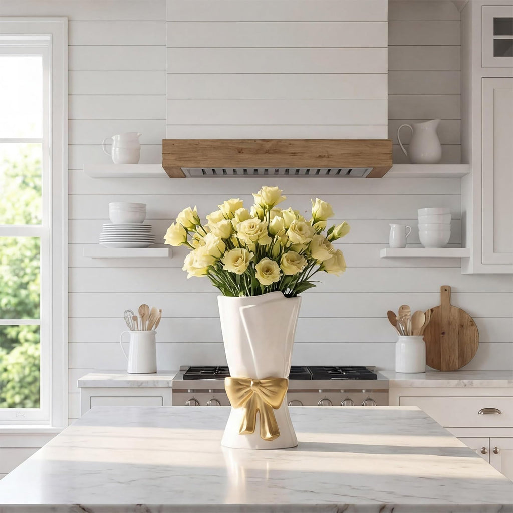 Relexome Beige Ceramic Bow Vase 9.64 in Unique Cute Modern Decorative Bouquet Flower Vases for Home Living Room Table Decor Women Girl Gifts