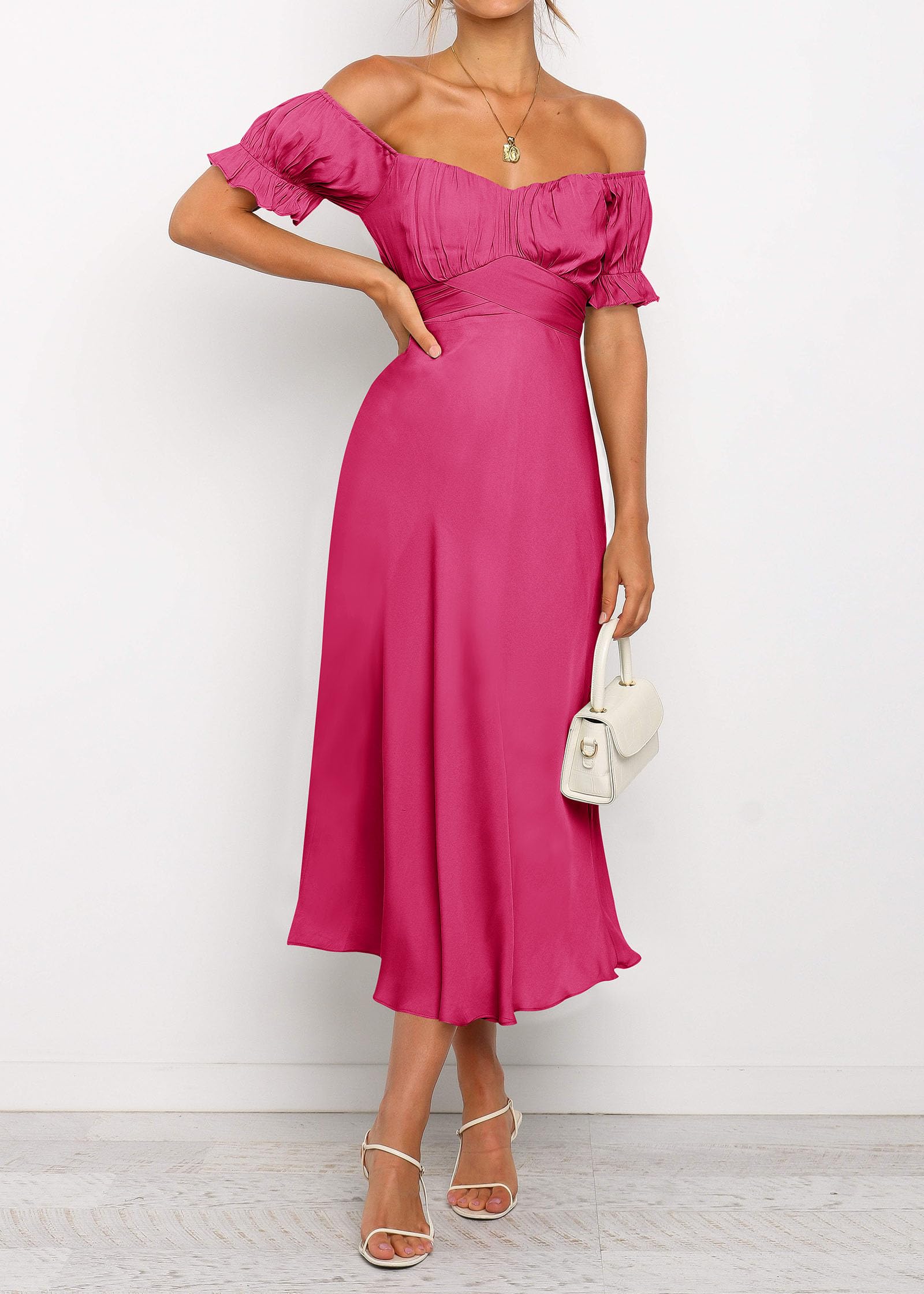 KIRUNDO Women's 2026 Spring Summer Satin Wedding Guest Midi Dress Off The Shoulder Wrap Party Cocktail Formal Prom Dresses
