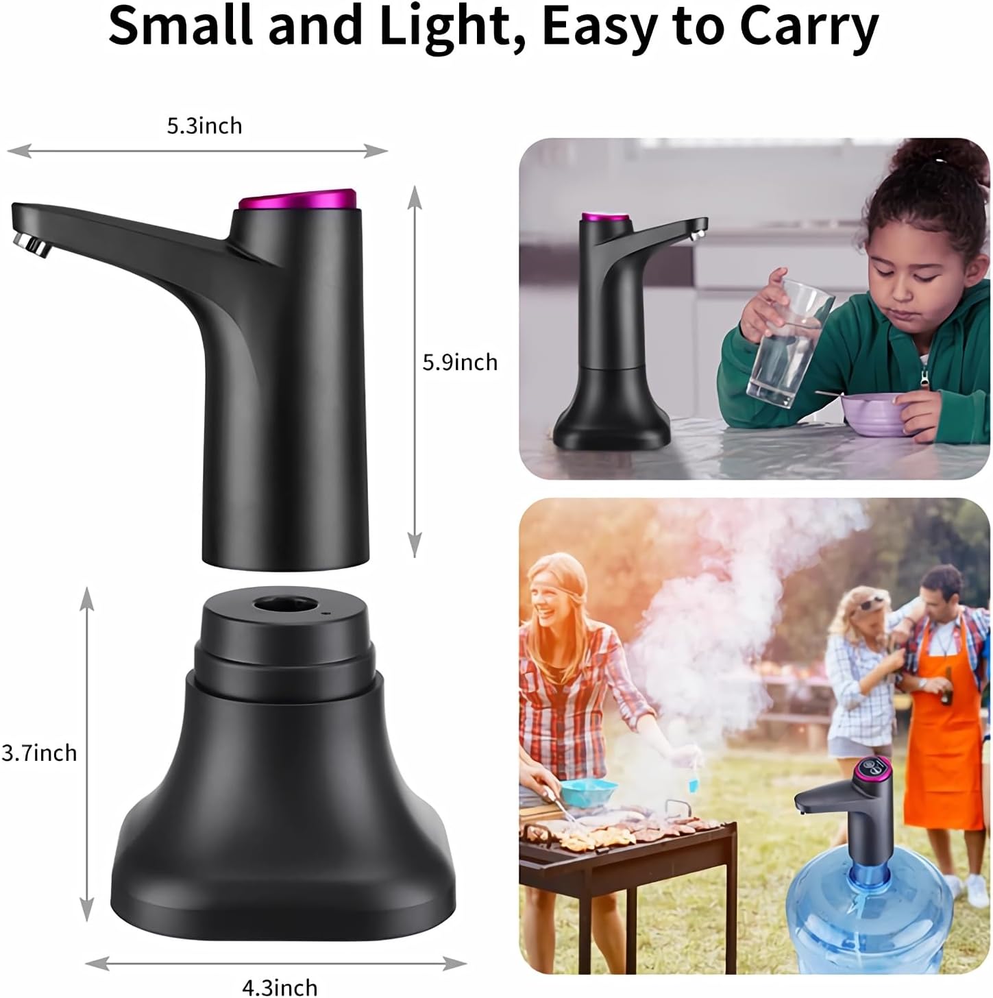 5 Gallon Water Pump, Water Dispenser for 5 Gallon Bottle, USB-C Rechargeable Water Jug Dispenser, Portable Automatic Water Pump for Home, Black