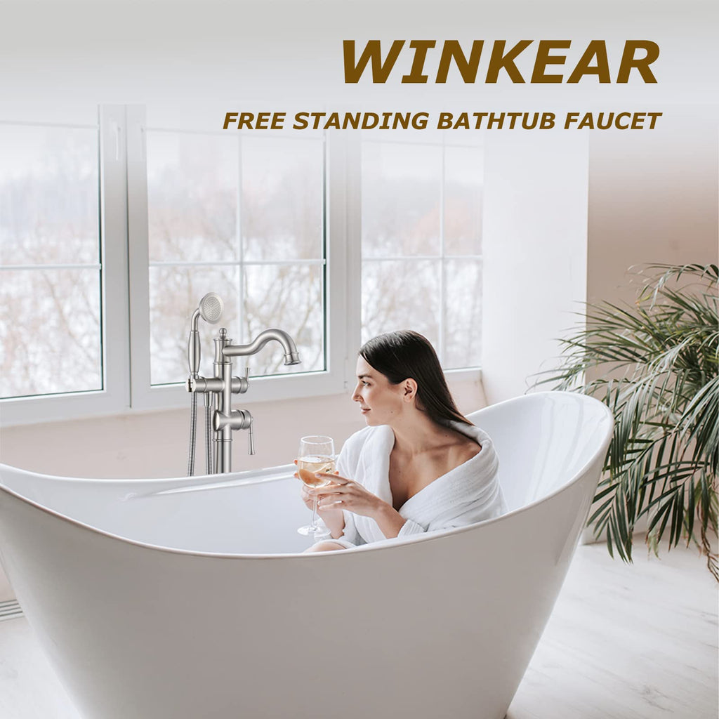 Freestanding Floor Mount Tub Filler with Handheld Shower Roman Bathtub Faucet by Brushed Gold Finish, Swivel Spout with Brass Rough-in and Water Hose