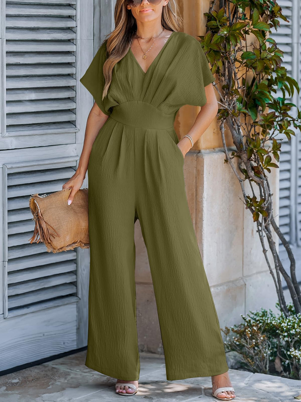 CUPSHE One Piece Jumpsuits for Women Casual Summer V Neck Batwing Sleeve Wide Leg Elegant Overalls Sexy Vacation Outfits