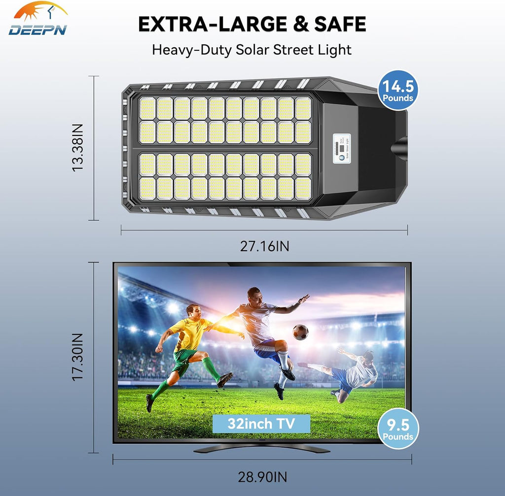 Deepn 9000W Solar Street Light, Bright LED Security Solar Flood Light with Motion Sensor & Dusk to Dawn, IP67 Waterproof Commercial Lights Outdoor for Outside, Parking Lot, Street, Yard (2)