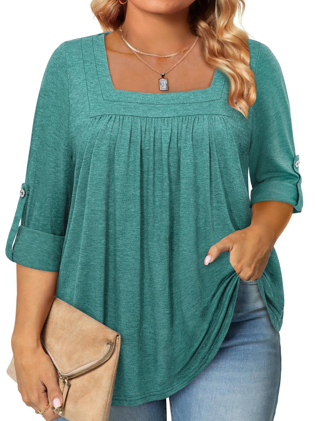 Siddhe Womens Plus Size Tops Loose Fit 3/4 Ruffle Sleeve Blouses Square Neck T Shirt Casual Tunic Tops(1X-5X)
