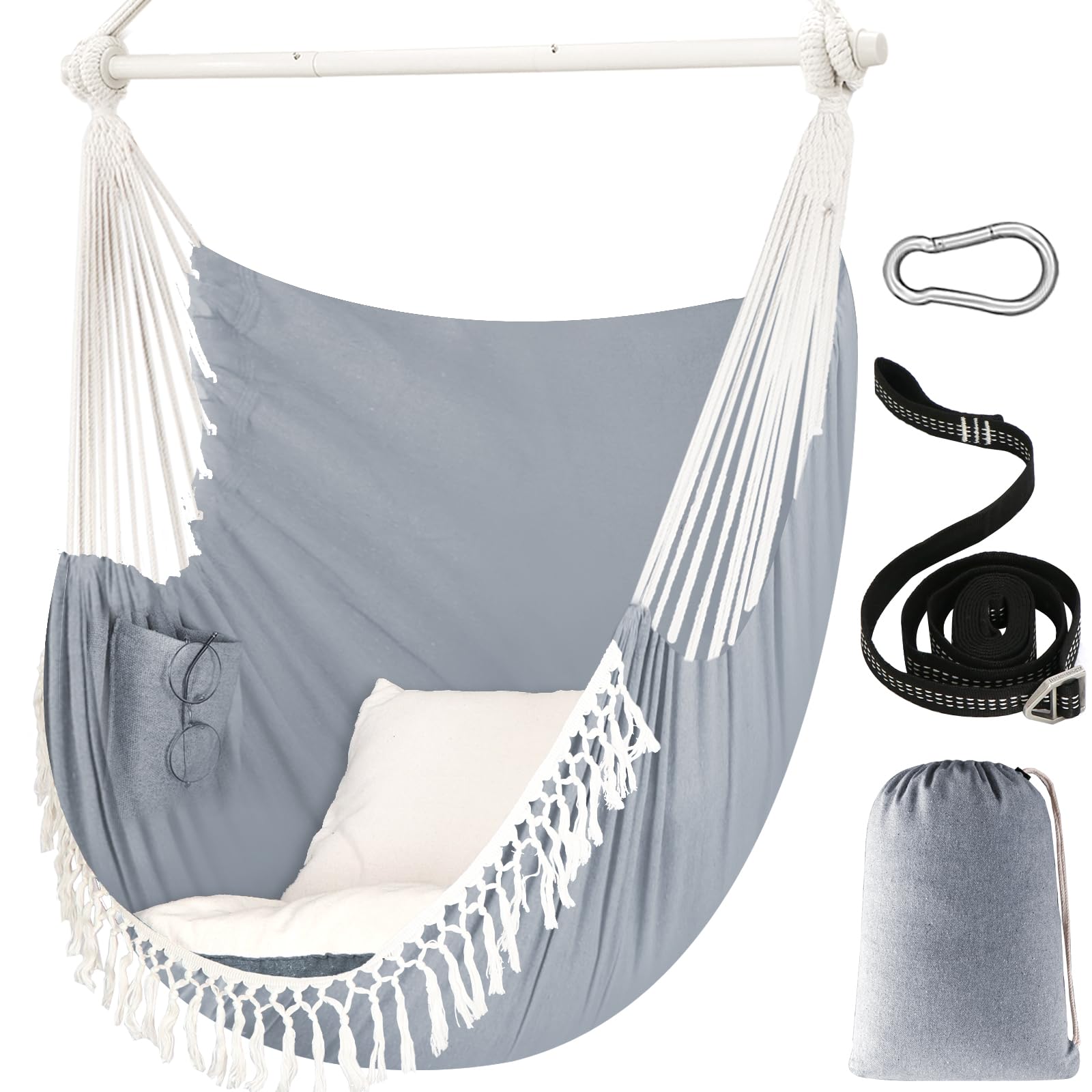 Chihee Hammock Chair Hanging Swing Max 500 Lbs 2 Cushions Included Metal Spreader Bar with Anti-Slip Grooves Portable Hanging Chair Side Pocket Large Macrame Bohemian Chair Indoor Outdoor | Hanging Swing with Anti-Slip Grooves Portable Hanging Chair Side