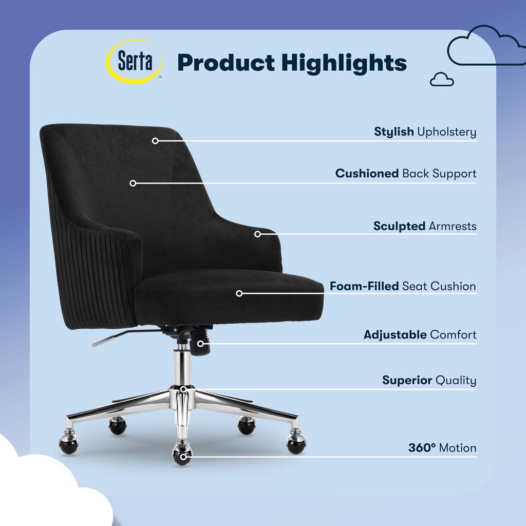 Serta Scarlett Modern Office Chair, Pleated and Curved Mid-Back Desk Chair, Pocket Coil Seat Cushion, Padded Armrests, Vanity Armchair with Wheels, Swivel Gold Base, Beige Velvet Fabric