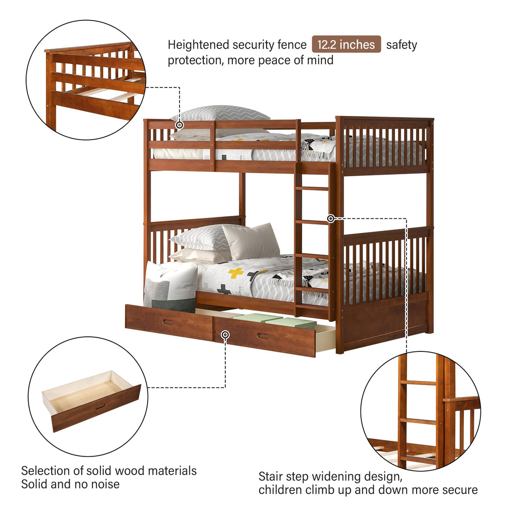 Merax Wood Bunk Bed with Two Drawers,Convertible Wood Bunk Bed with Ladders and Two Storage Drawers,Solid Wood Detachable Bed Frame with Ladders, Twin Over Full Size, Espresso