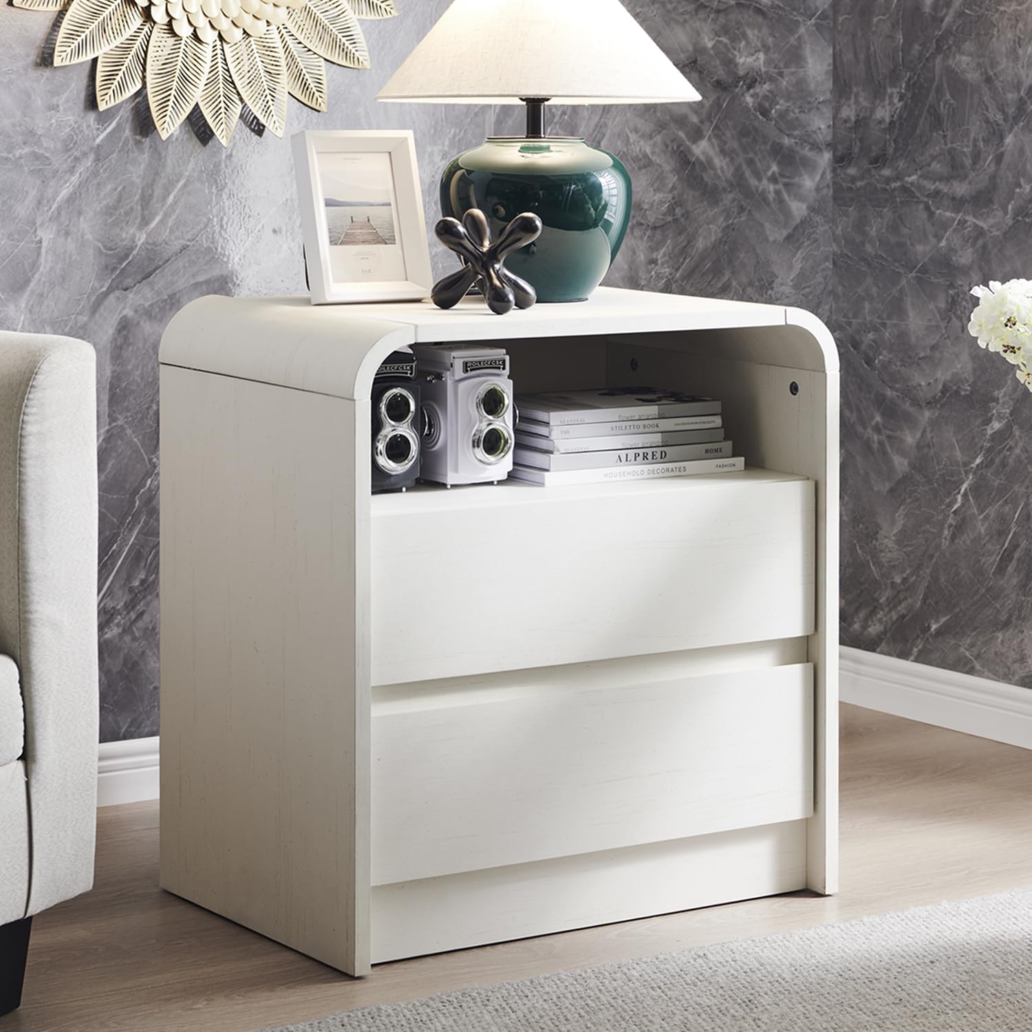 Aitjunz 25" Tall Modern Nightstand with Charging Station, 23.6'' Wide Wood Bedside Table w/2 Storage Drawers, Large Mid Century End Table for Bedroom, Living Room, Curved Profile Design, Black