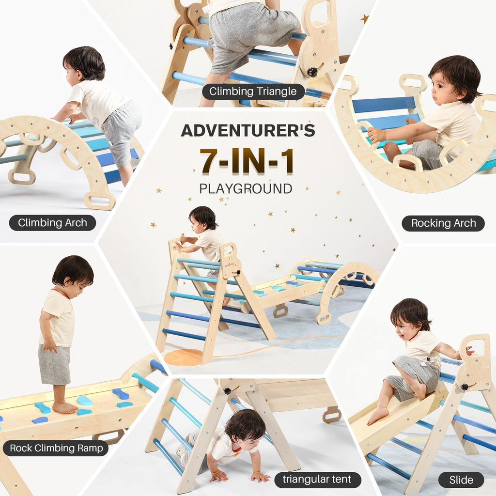 BlueWood Pikler Triangle Set with Safe Handle, Foldable 7-in-1 Montessori Toddler Climbing Toys Indoor, Wooden Pickler Climbing Set, Baby Jungle Gym & Playground, Climbing Toys for 1-3 Year, Colorful