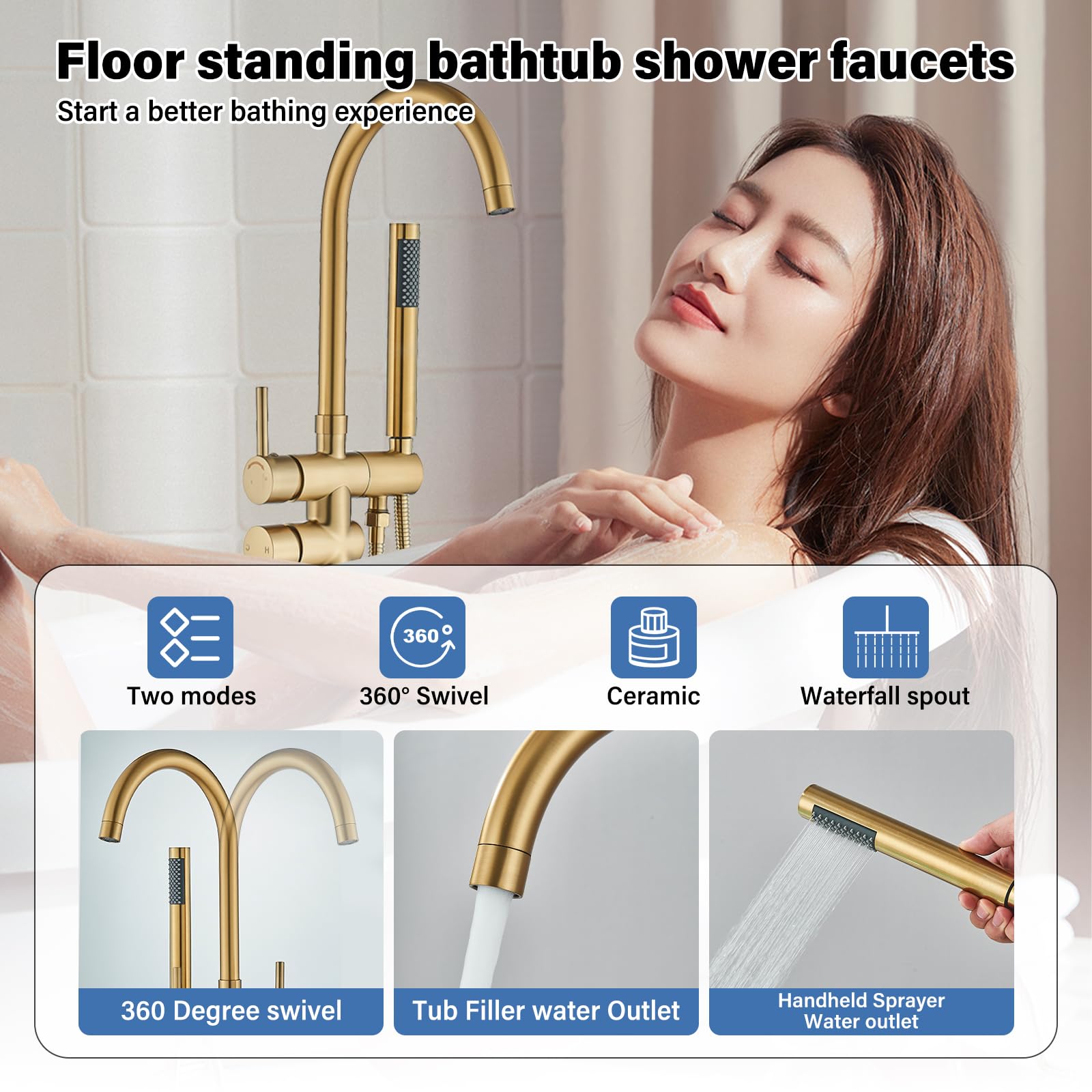 Brushed Gold Freestanding Bathtub Faucet with Hand Shower Tub Filler Faucet Floor Mounted High Flow Single Handle Bath Filler Solid Brass