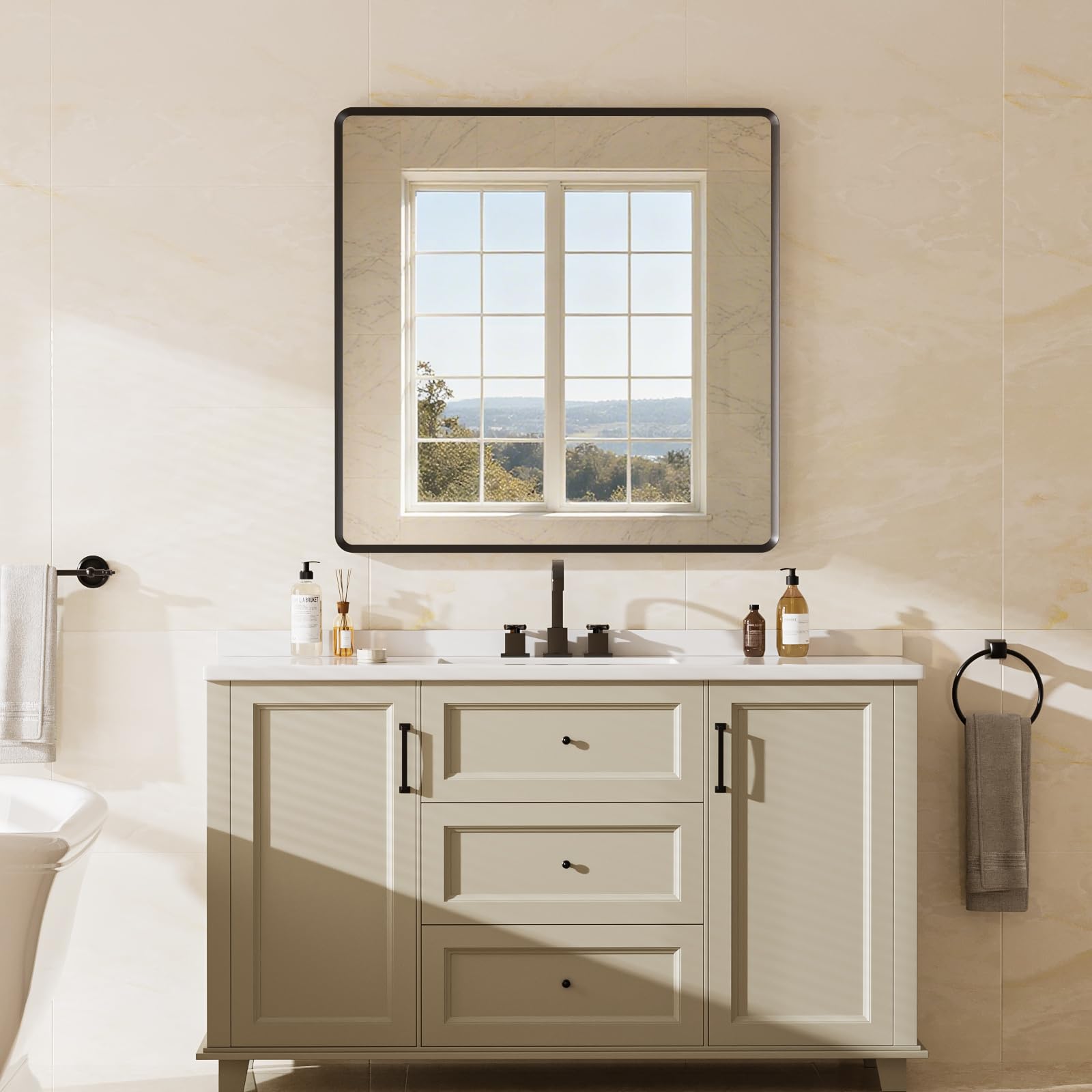 22x30 inch Gold Bathroom Mirror,Rounded Rectangle Gold Metal Framed, HD Tempered Glass, Horizontal or Vertical Hanging, Modern Bathroom Decor