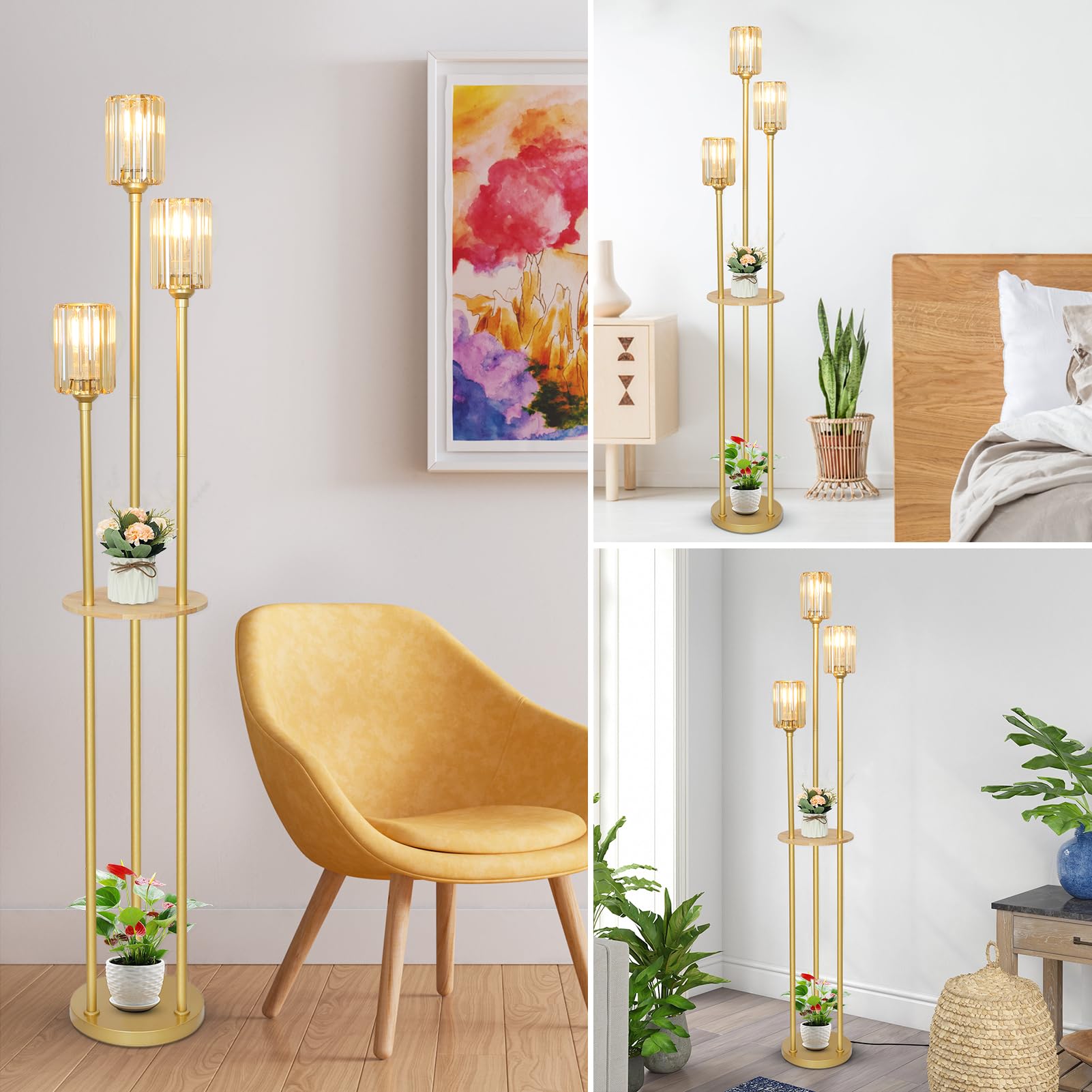 HMVPL Gold Floor Lamps for Living Room, Modern Floor Lamp with Shelves, Crystal Standing Lamps with Table, Brass Tall Lamp with Crystal Shade, On/Off Switch, Mid Century Corner Floor Lamp for Bedroom