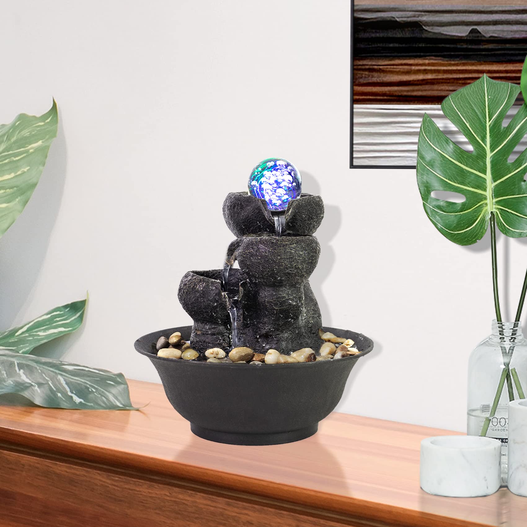 Ferrisland Tabletop Water Fountain, Zen Meditation Indoor Waterfall Fountain, Heart Shape Decoration with LED Light for Home Office Bedroom Relaxation Decor, Gift Ideas