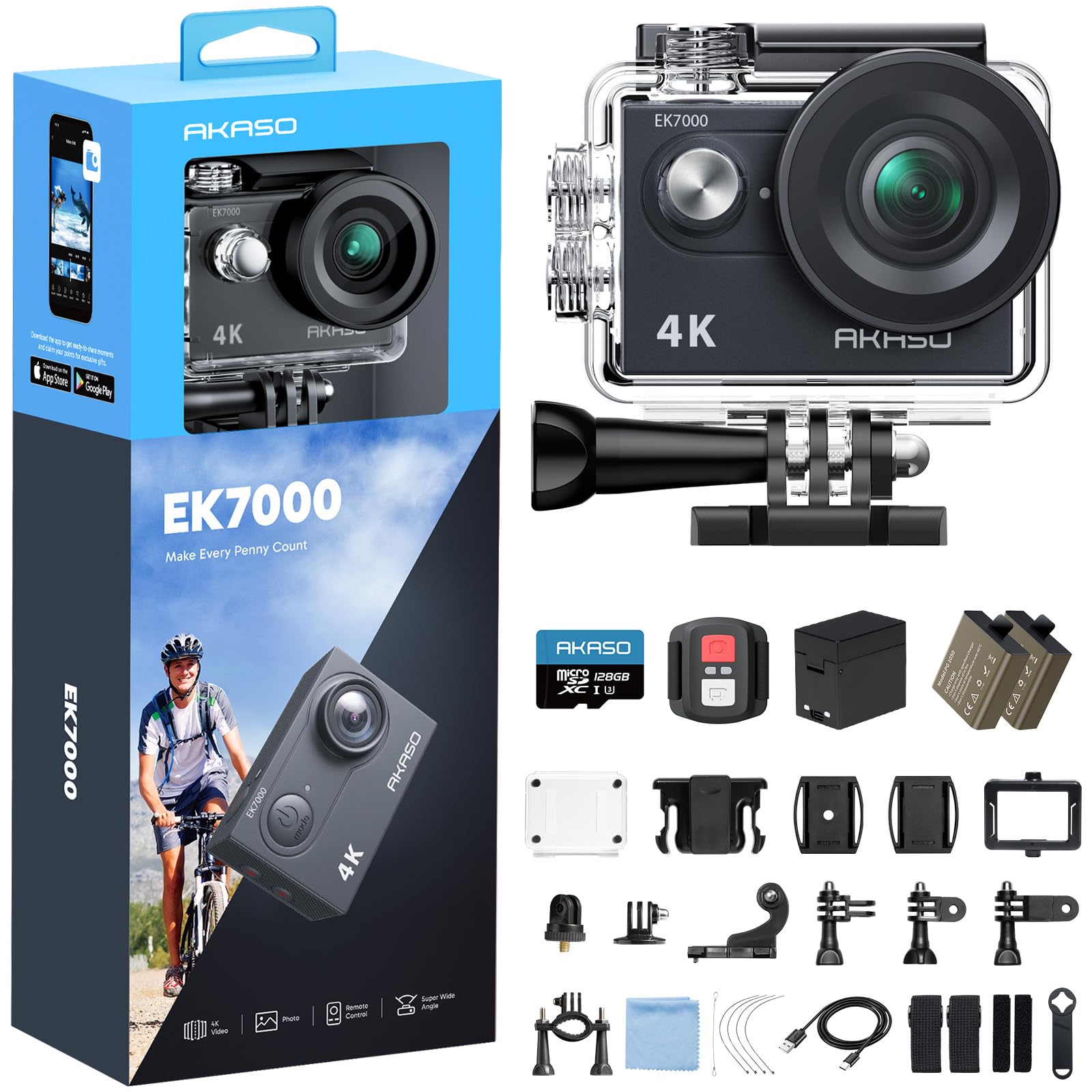 AKASO EK7000 4K30FPS 20MP WiFi Action Camera with EIS Ultra HD 131FT Waterproof Underwater Camera Remote Control 4X Zoom Support External Microphone Black