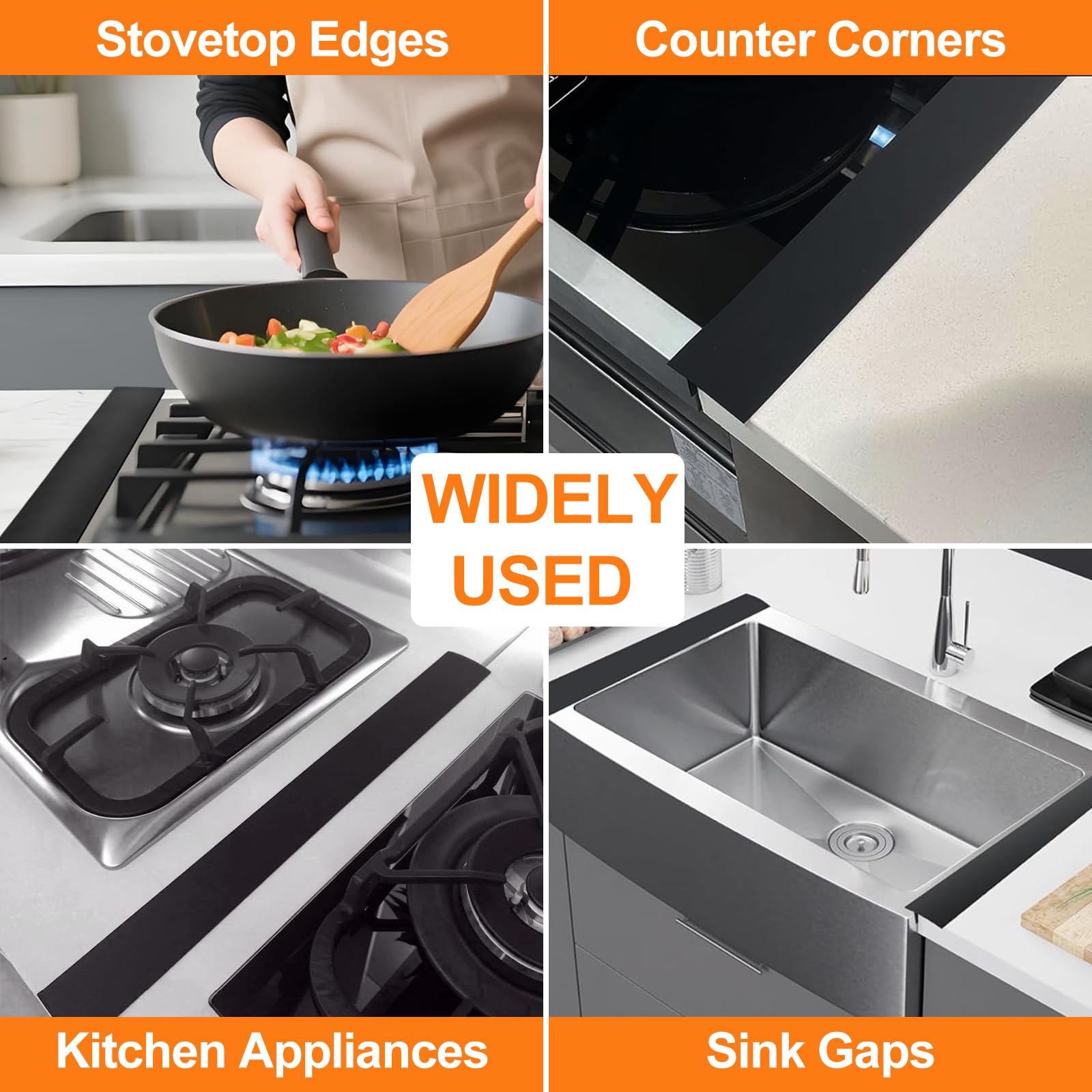 FLSEPAMB Silicone Stove Gap Covers, 2 Pack Heat Resistant Oven Gap Filler Seals Gaps with Anti-Slip Mirror Base, Stain Resistant Stove Counter Gap Cover Silicone Strips Between Stovetop and Counter