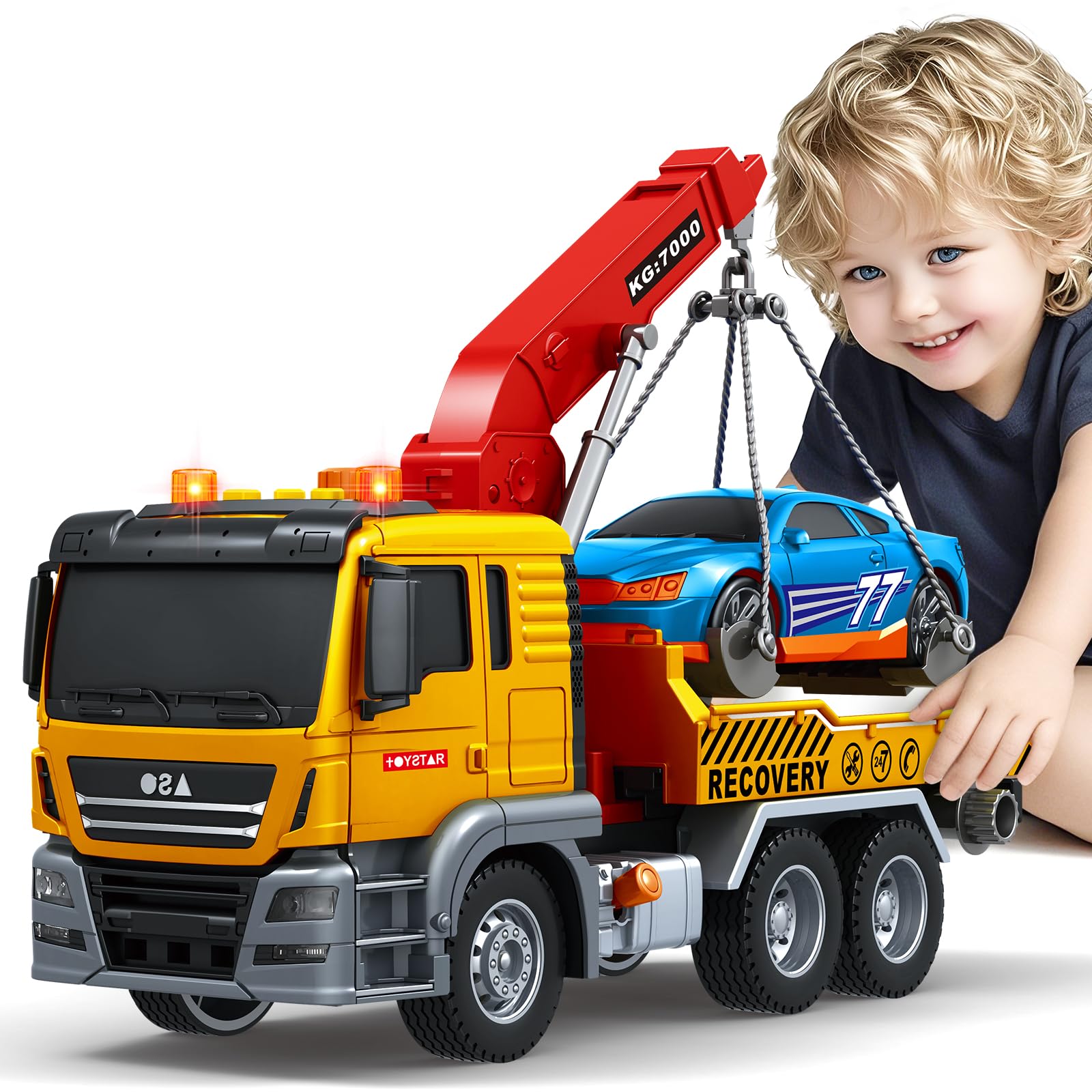 Bstoyder Kids Toys for 3 4 5 6 7 8 Years Old Boys, 15" Crane Truck Toy with Lights, Sounds, Toddler Friction Powered Truck Vehicle Toy for Boys Girls Birthday Gifts