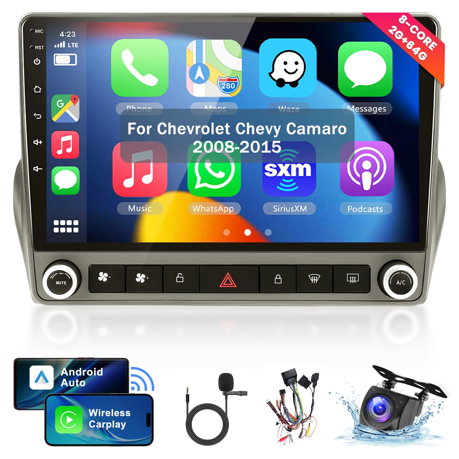 5G WiFi Android 15 Car Stereo for Chevrolet Chevy Camaro 2008–2015 Wireless Carplay Android Auto,9" HD IPS Touchscreen Car Radio Support GPS/10band DSP Audio/Bluetooth/FM/SWC/Backup Camera