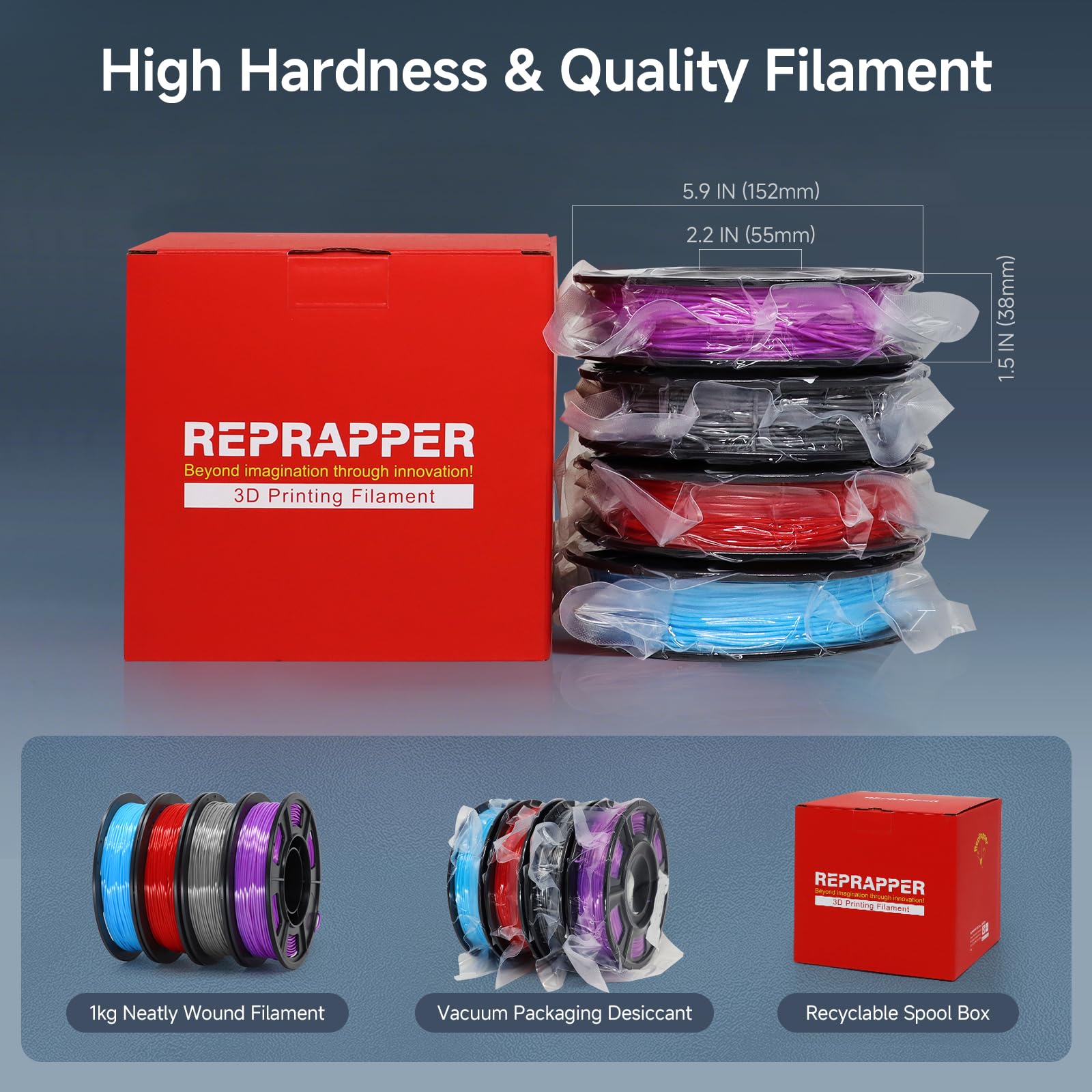 RepRapper PLA Filament, Multicolor Glitter Sample Pack, Shiny Galaxy Silk PLA1.75MM for 3D Printer, Glow in The Dark Sparkle Laser Series 3D Printer Filament, 250g*4
