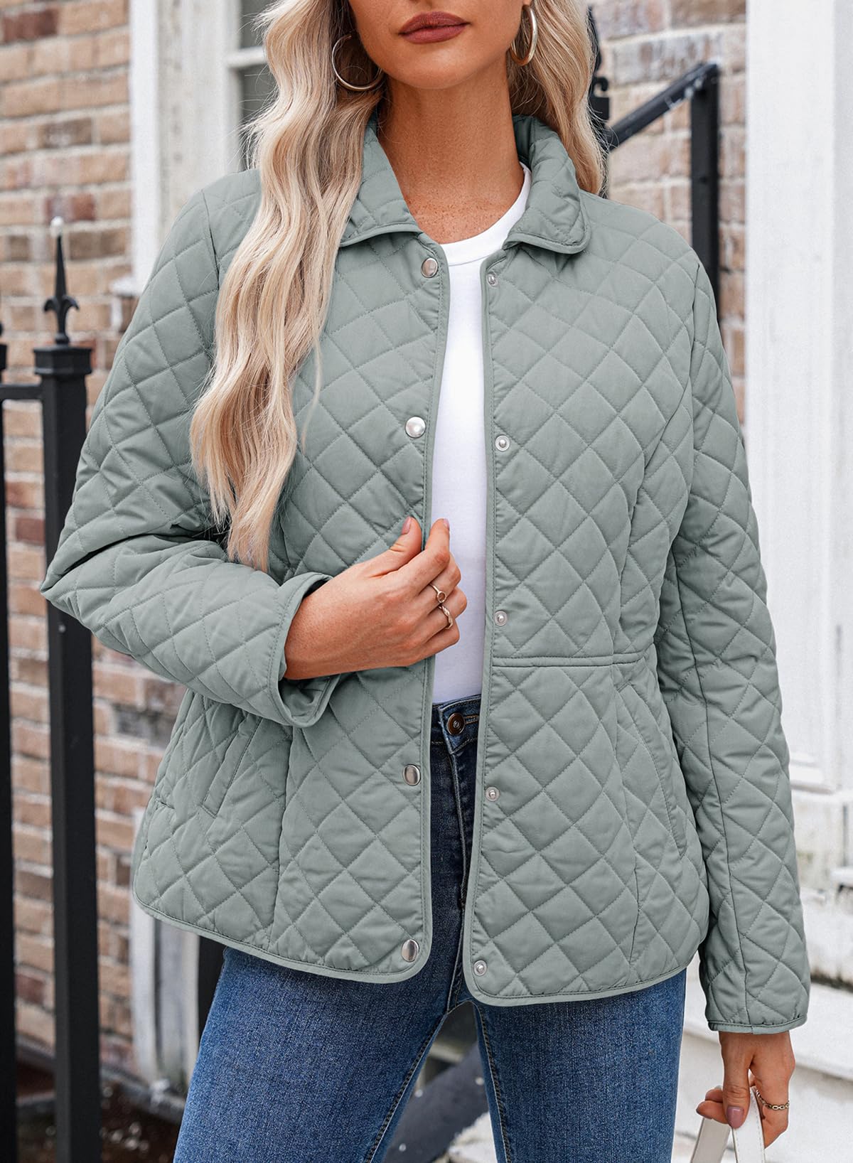 Dokotoo Women's Winter Quilted Jackets Long Sleeve Button Down Diamond Puffer Jacket Outerwear Coats with Pockets